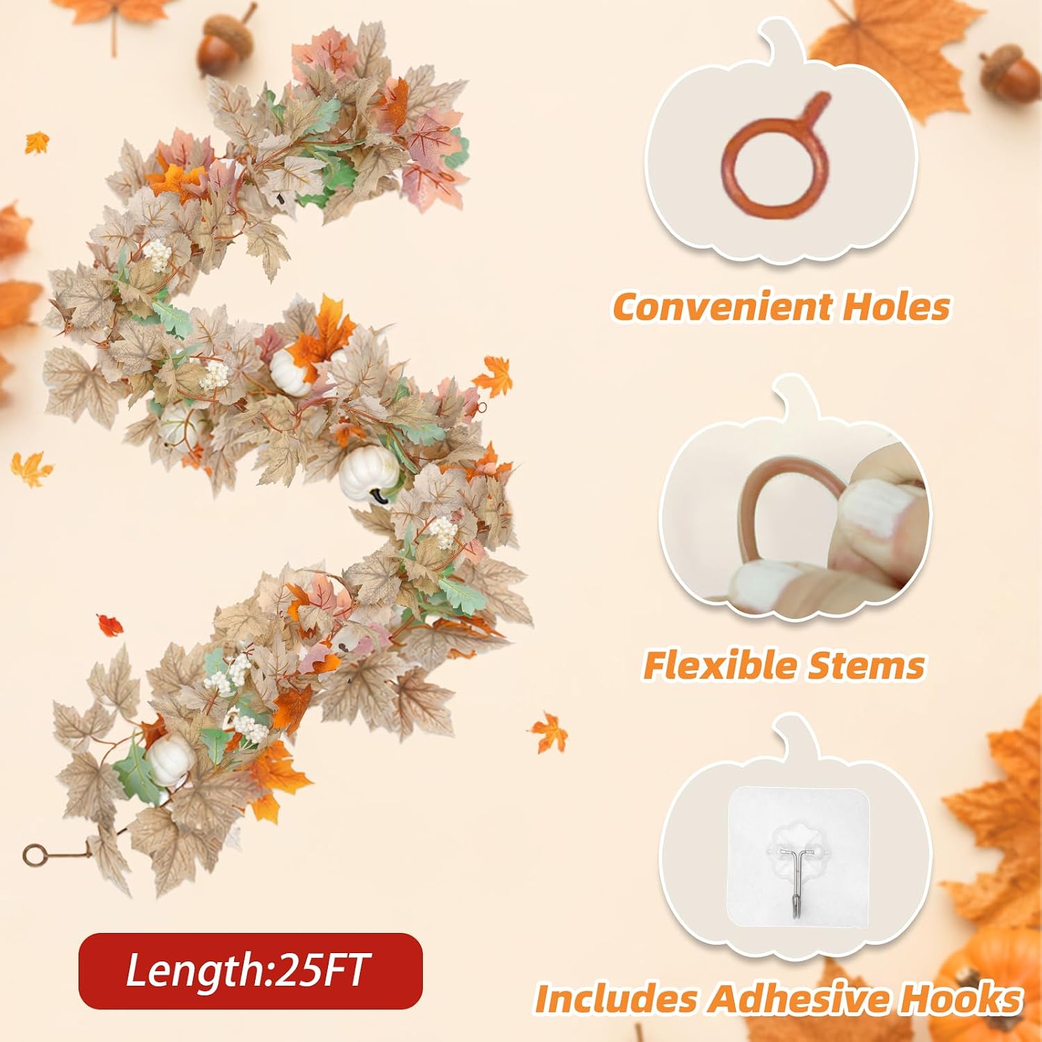 Mega-L Fall Garland, 2 Pack Maple Leaf with Pumpkin Garland for Fall Decor