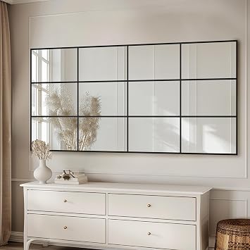 Antok Wall Mirror, 60" x 30" Window Pane Decorative Mirror, Metal Framed Wall Mounted Mirror, Hanging or Leaning for Living Room, Bedroom, Dining Room, Entryway, Black