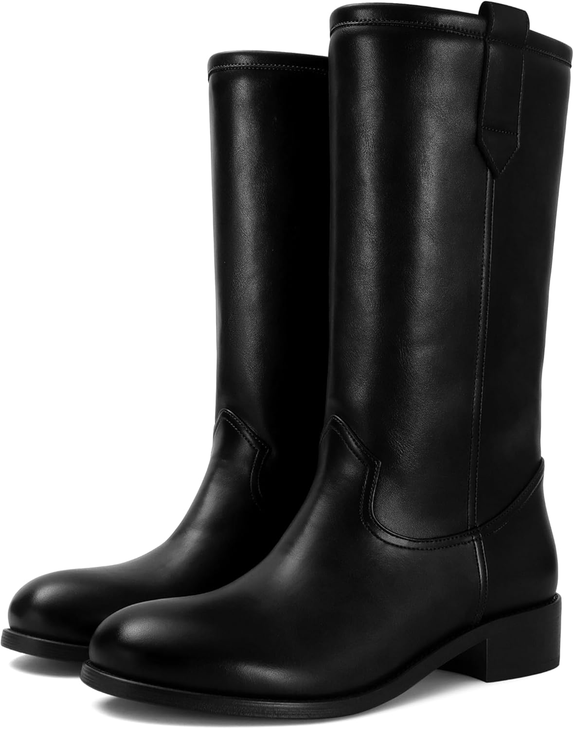 Mid Calf Boots for Women Chunky Block Heel Pull On Boots Round Toe Low Heel Trendy Stylish Riding Boots
