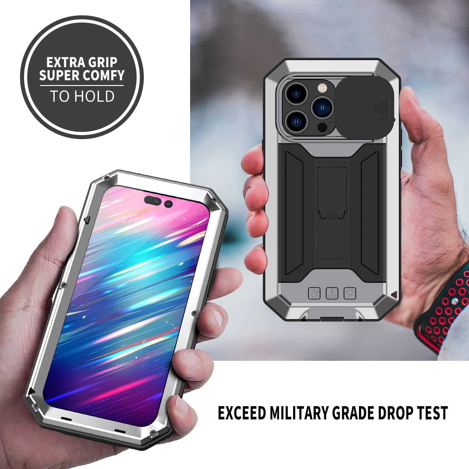 JGY iPhone 14 Pro Max Rugged Metal Case with Screen Protector Kickstand Camera Slide Cover for Full Military Sturdy Armour Shockproof Dorp Test Outdoor (Silver)