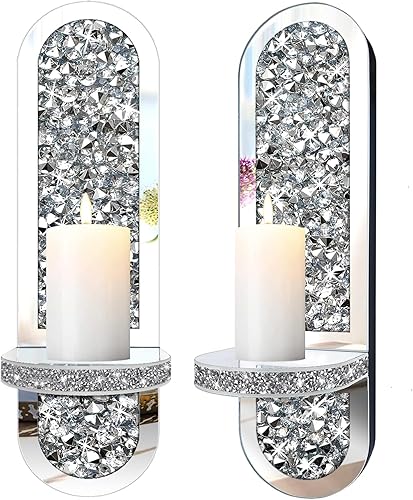 Miniatura 4 de Juego de 2 candelabros de cristal con forma de diamante, magnífico aplique de pared de espejo plateado, portavelas ovalado para decoración del