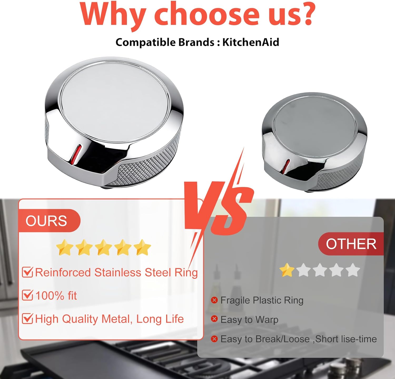 W11084158 W10884728 W10545849 Range Knobs (1” STEM) Compatible with Kitchen Aid. (OEM) WPW10545849 Knobs Replace W11084158 W10884728 for KCGS550ESS00 KCGS550ESS01 KCGS550ESS05 KCED600GBL00 etc. -5p