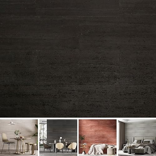 SINGULARWOOD 15pcs/26.46 sq ft Soft Stone Wall Tiles, Flexible Travertine Rock Panels for Interior and Exterior Walls-Ebony Black.