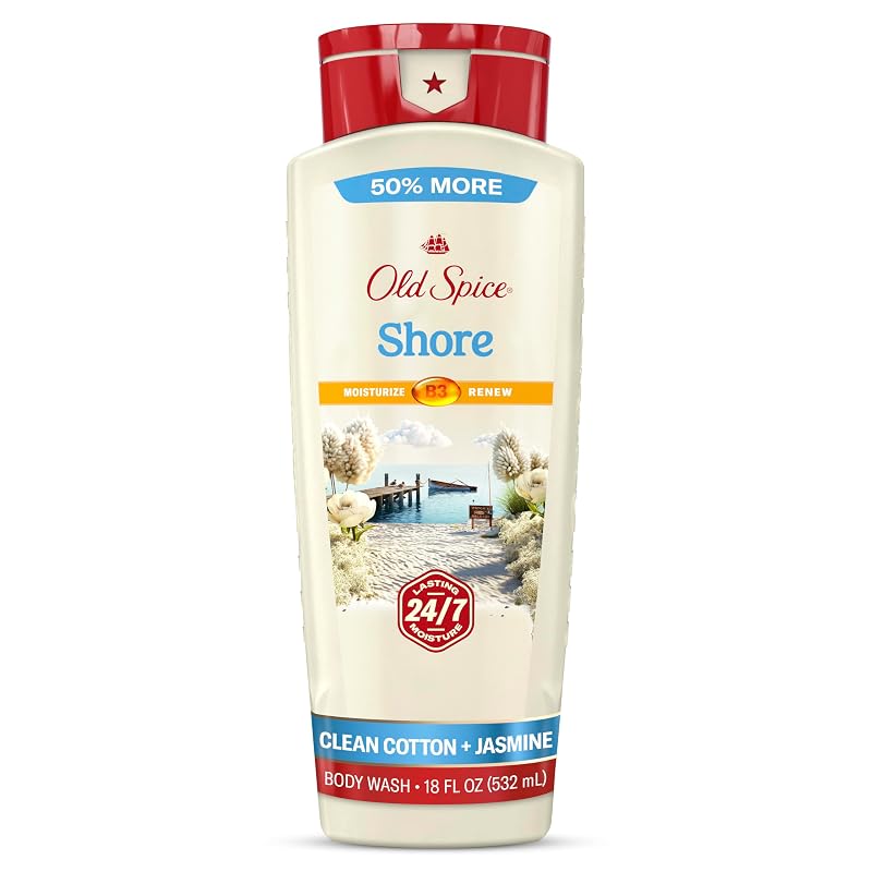 Sabonete líquido corporal Old Spice Shore com fragrância de algodão limpo e jasmim, vitamina B3, 532 mL