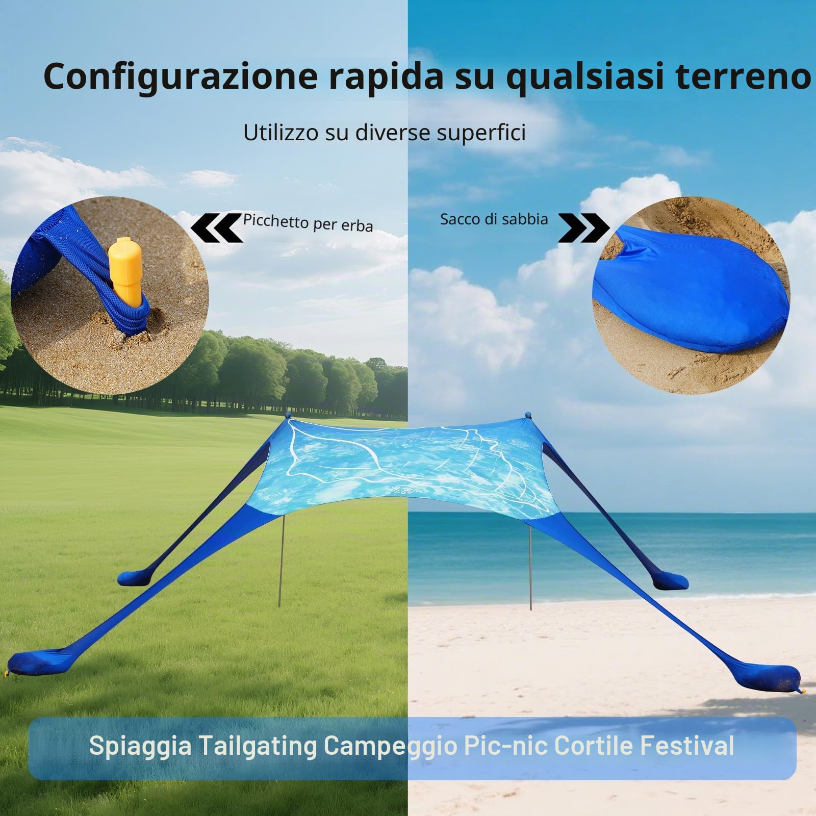 Tenda da spiaggia Pop Up 160 x 200 cm stampa 3D piccola protezione solare UPF50, per esterni, cortile, spiaggia, campeggio, con aste di stabilitàConchiglia blu