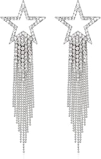 Star Tassel Dangle Earrings for Women Girls, Rhinestone Crystal Long Waterfall Beaded Fringe Chandelier Drop Statement Earrings Wedding Jewelry Clear Silver-Tone