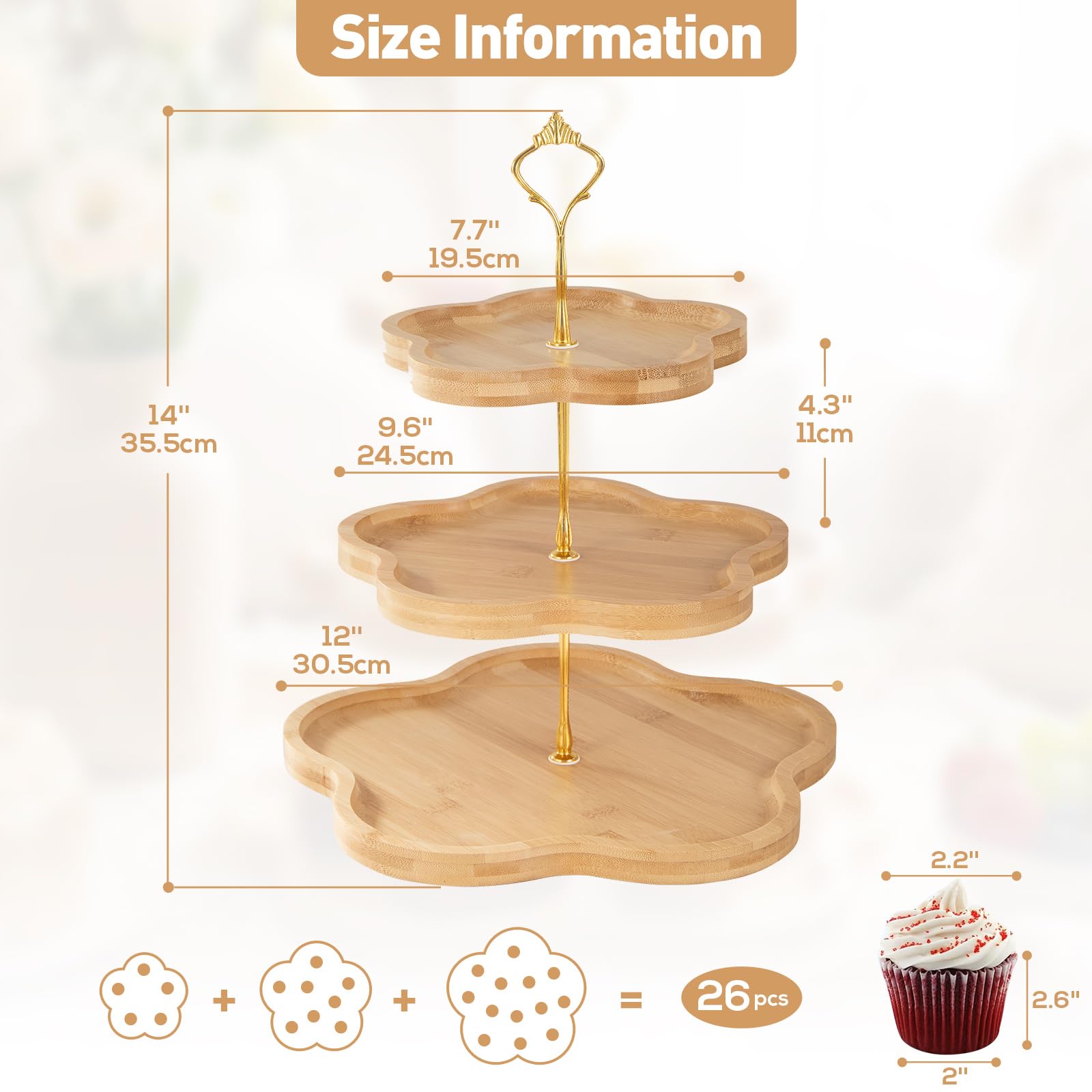 DUJUST Supporto Elegante in Legno a 3 Livelli per Cupcake con Design a Forma di Fiore, Vassoio in Bambù per Cupcake, Dessert,Matrimoni e Decorazioni in Stile Rustico e Casa, Facile da Montare e Pulire