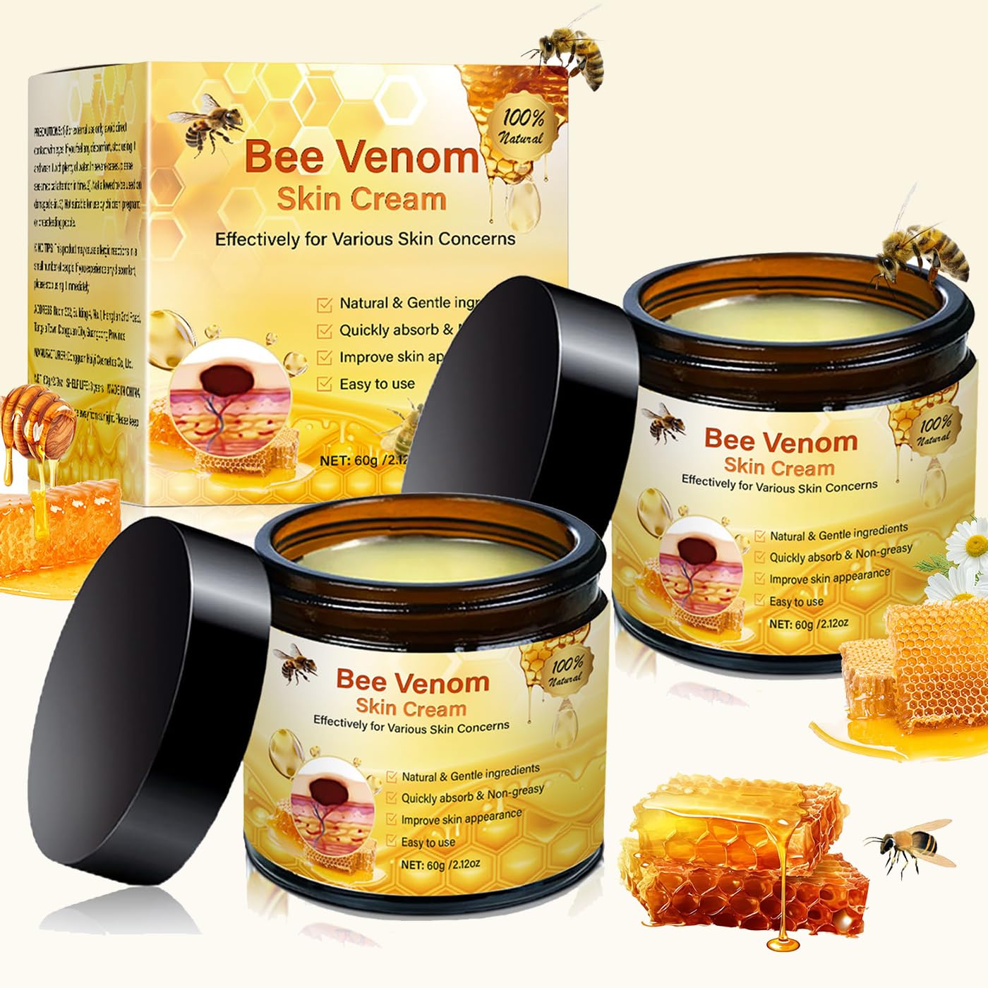 Vivipop 2026 Bee Venom Comprehensive Cream - 2PCS Bee Venom Skin Treatment Cream for Face and Body,Hydrating & Firming, 2025 Professional Natural Skin Restoration Moisturizer For Women Men