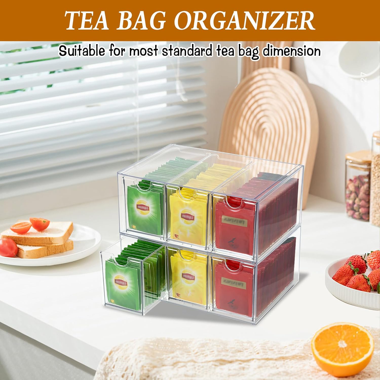6 Drawers Tea Bag Organizer, Clear Acrylic Tea Bag Storage Holder Containers, Stackable Tea Packet Drawers Holder for Cabinet, Pantry, Kitchen, Countertop