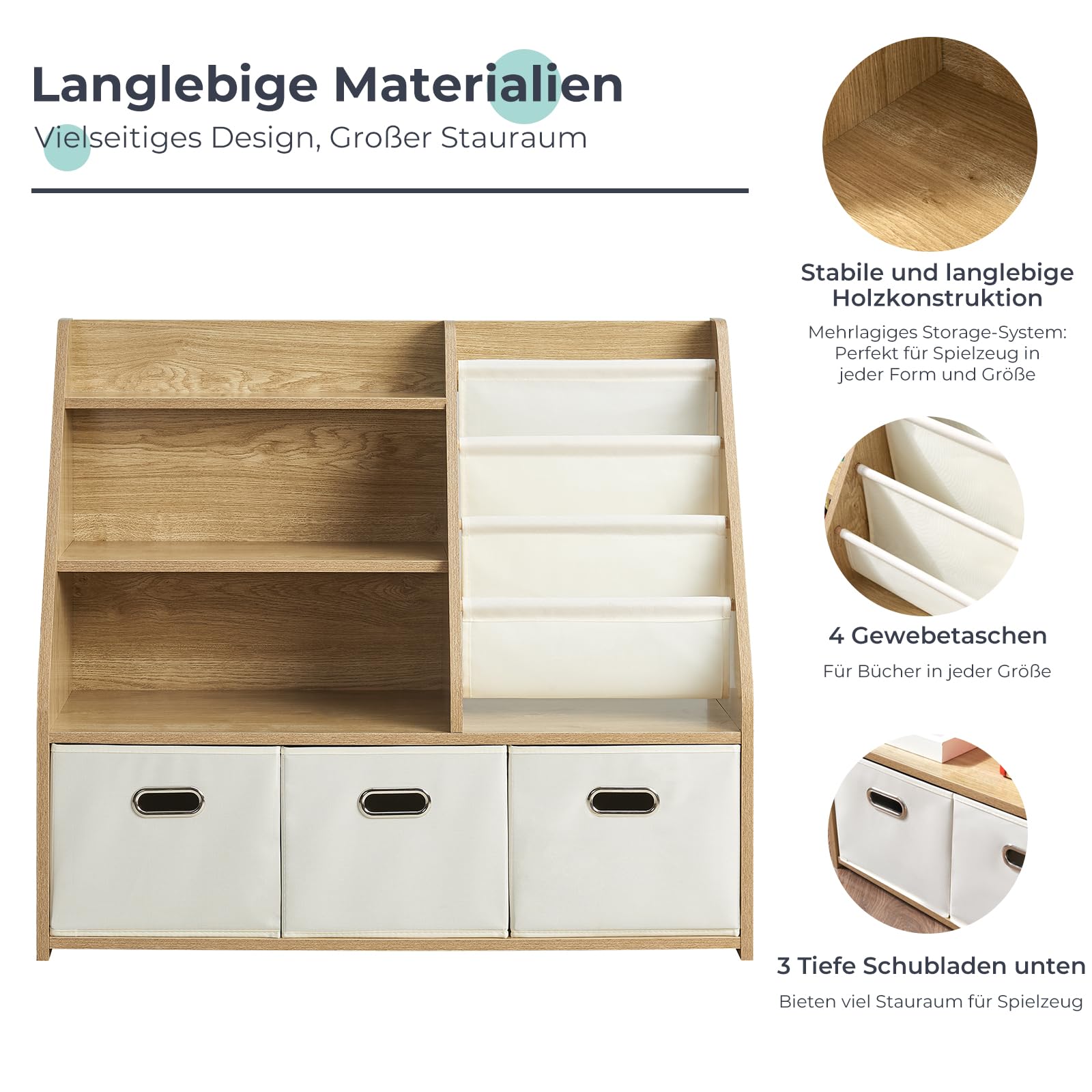 EFURDEN Kinder Bücherregal mit Aufbewahrung, 4-stufiges Montessori Spielzeugregal aus Holz mit 3 Schubladen & 4 Stoffboxen, Organizer für Kinderzimmer, Spielzimmer