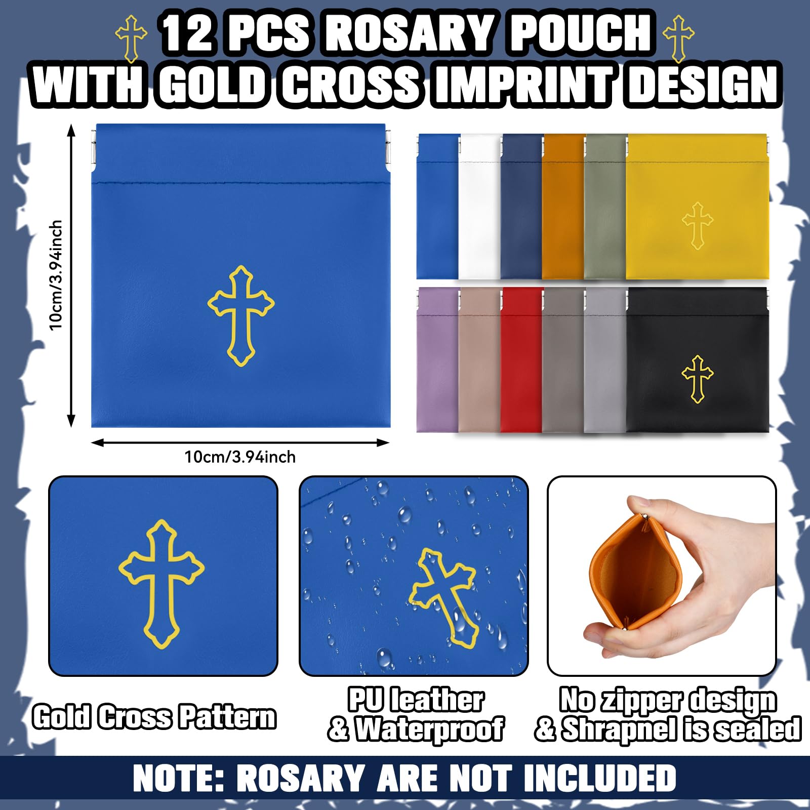 Wesnoy 12 Pcs Squeeze Rosary Pouch with Gold Cross Imprint Design Beautiful PU Leather Rosary Case (Multicolor)