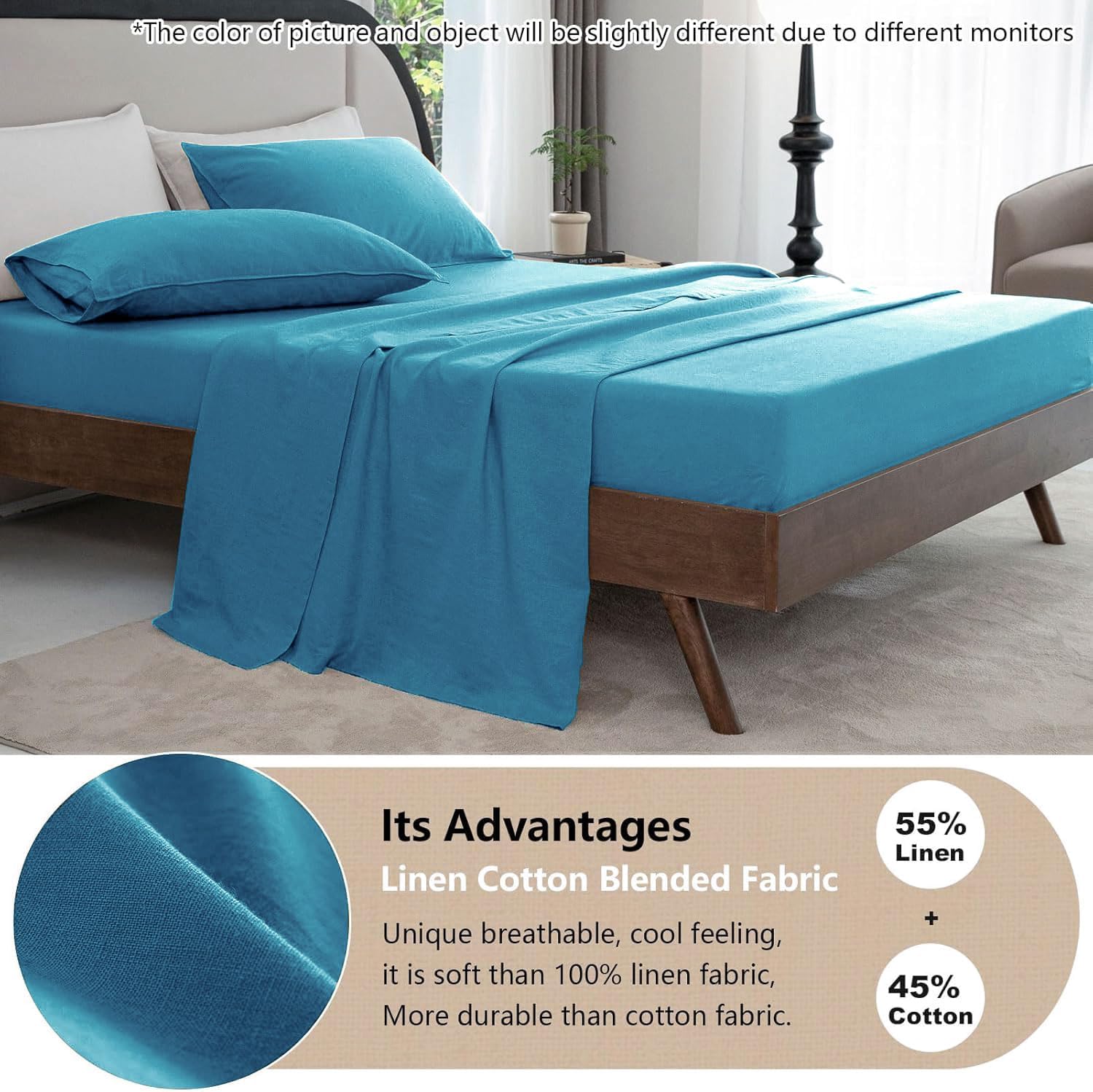 Talasily Linen Sheets-Full Size Sheets Set,Blend from Linen Cotton Bedsheets,All Seasons Soft Breathable 4 Piece Set-Blue