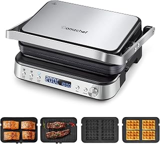 AMZCHEF Parrilla Eléctrica 4 en 1 2000W – Parrilla de Contacto, Sandwichera, Gofrera y Grill Panini con Placas Extraíbles Antiadherentes, Temperatura Ajustable 80-230°C y Temporizador