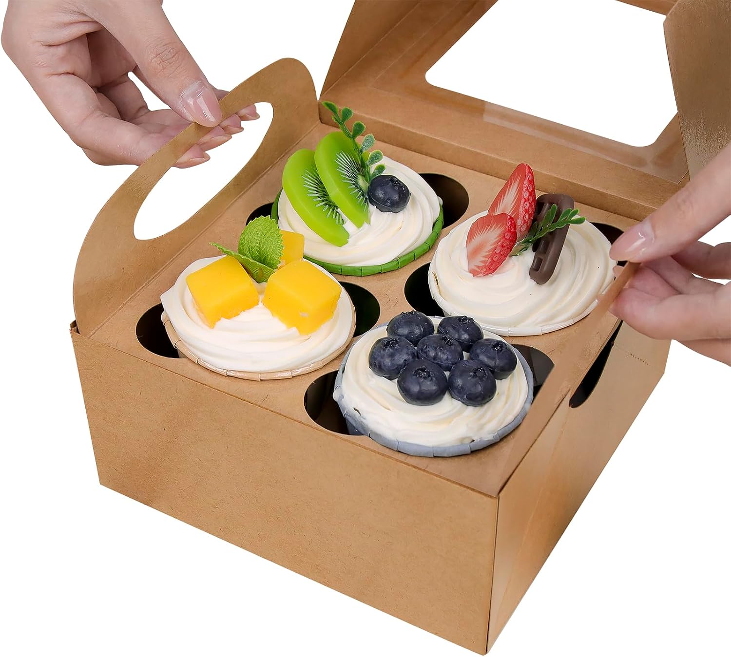 25 Kraft Cupcake Boxes, 4 Count Cupcake Containers with Window and Inserts, 6.3×6.3×3 Inches Cupcake Holders for Cupcakes, Muffins, Cookies, Desserts, Pastries