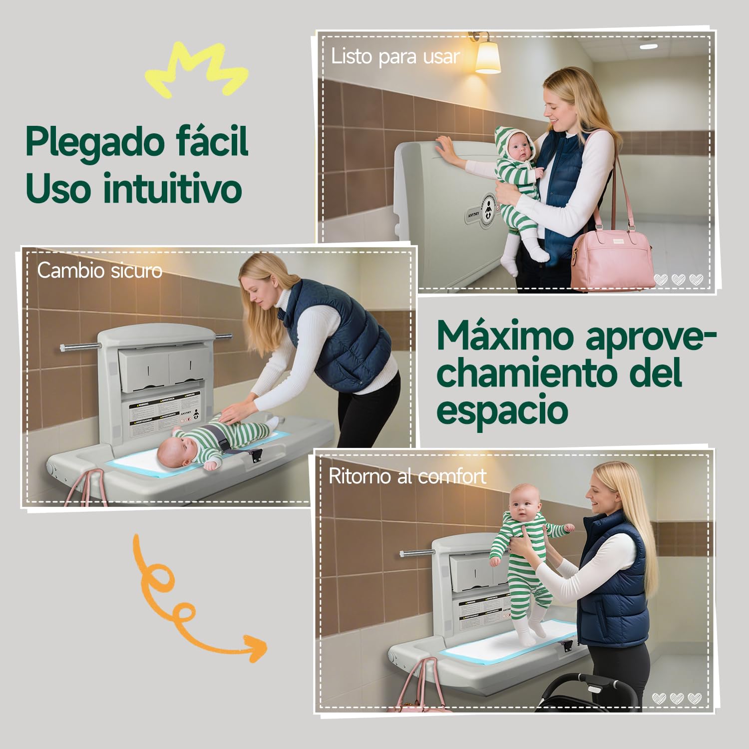 anydry Estación para cambio de bebés de pared resistente, Diseño robusto con correas de seguridad, Plegable ahorrador de espacio, en elegante blanco grisáceo