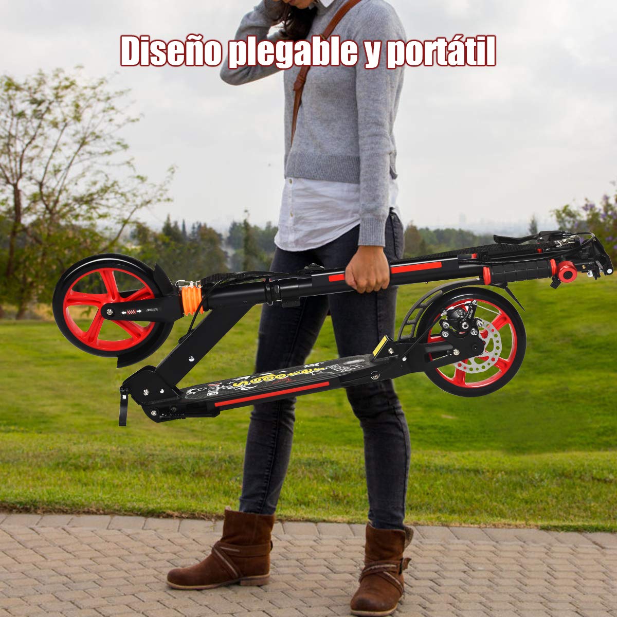 COSTWAY Scooter Patinete Plegable Manillar Regulable en 3 Posiciones Carga hasta 100kg para Niños Mayores de 8 Años y Adultos (Negro)