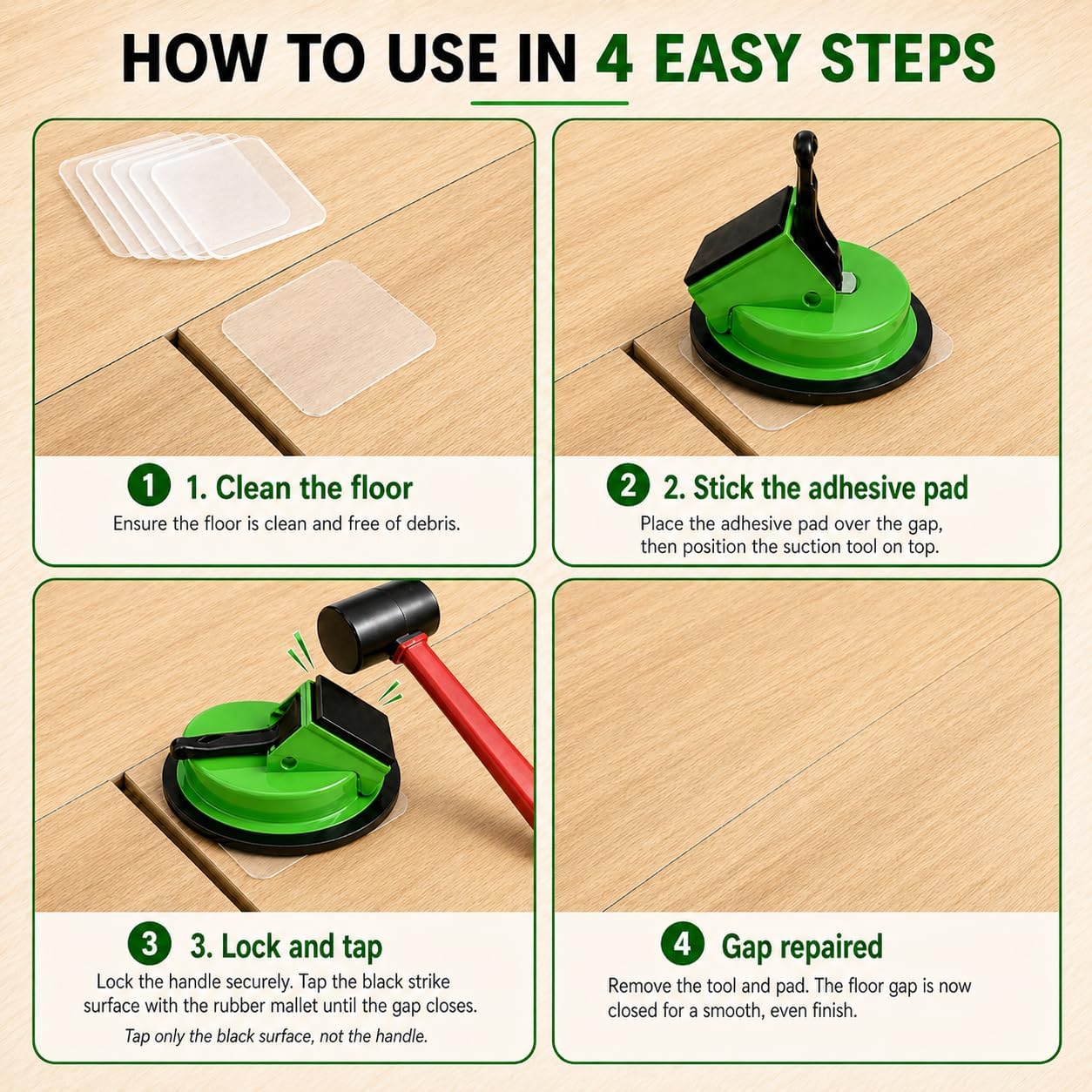 Heavy Duty Floor Gap Fixer Tool – 2026 Upgraded Iron Suction Cup with 45° Striking Surface, Rubber Mallet & 5 Reusable Sticky Pads, Floor Repair Kit for Laminate, Vinyl Plank, Hardwood, LVP, Tile