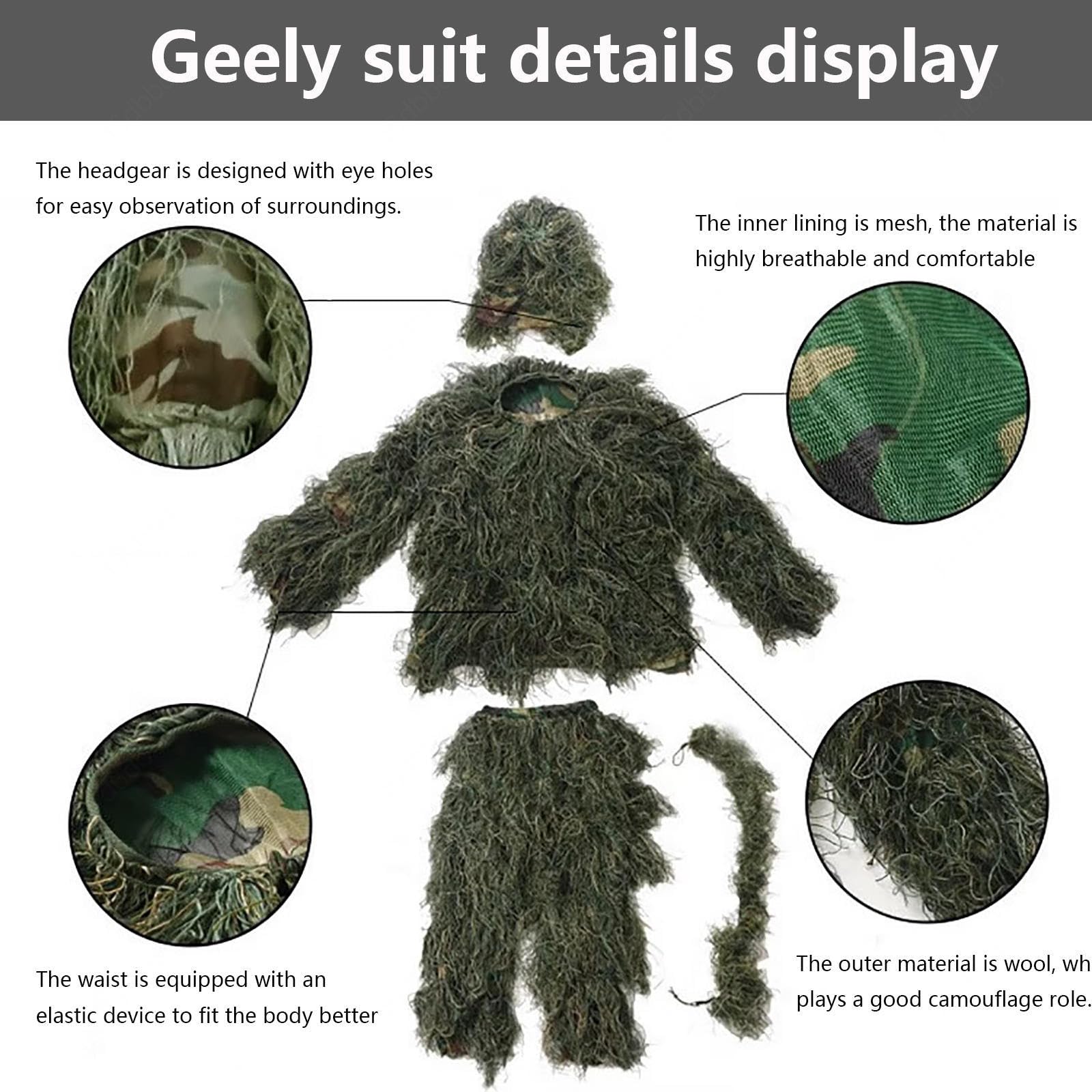 HAZARA 5-Teilige 3D Ghillie Suit Camouflage Jagdbekleidung Ghillie Suit Einschließlich Jacke,Hose,Kapuze,Tragetasche Airsoft Kleidung Set für CS Dschungeljagd Tierfotografie,ForestGreen-Kids