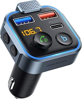 UNBREAKcable Bluetooth 5.0 FM Transmitter for Car, QC3.0+Type-C PD 20W Car Charger, Wireless FM Radio Bass Sound Music Player, Car Kit with Hands-Free Calls, Support USB Drive