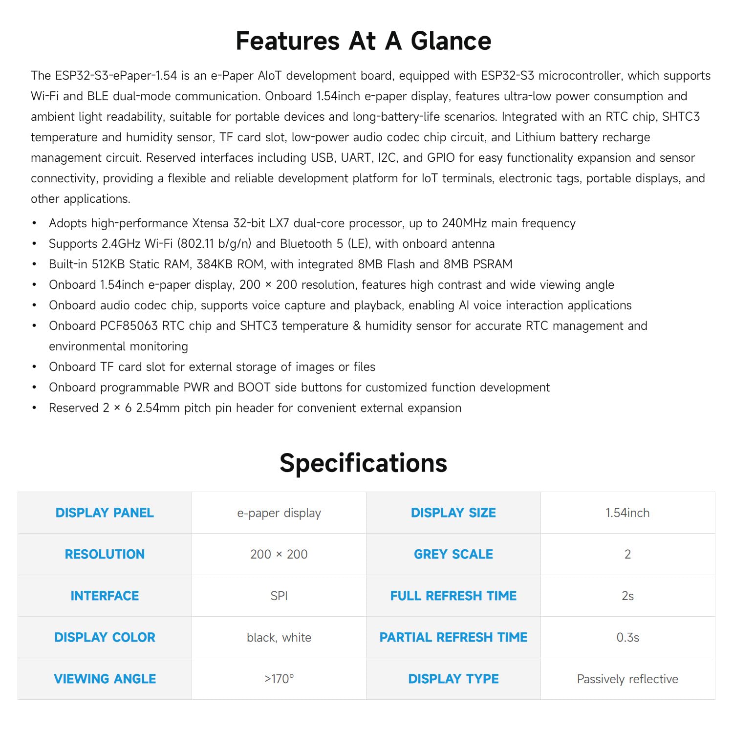 Waveshare ESP32-S3 1.54inch E-Paper AIoT Development Board, 200x200, Black/White, Supports Wi-Fi And BLE Dual-Mode Communication, without batt