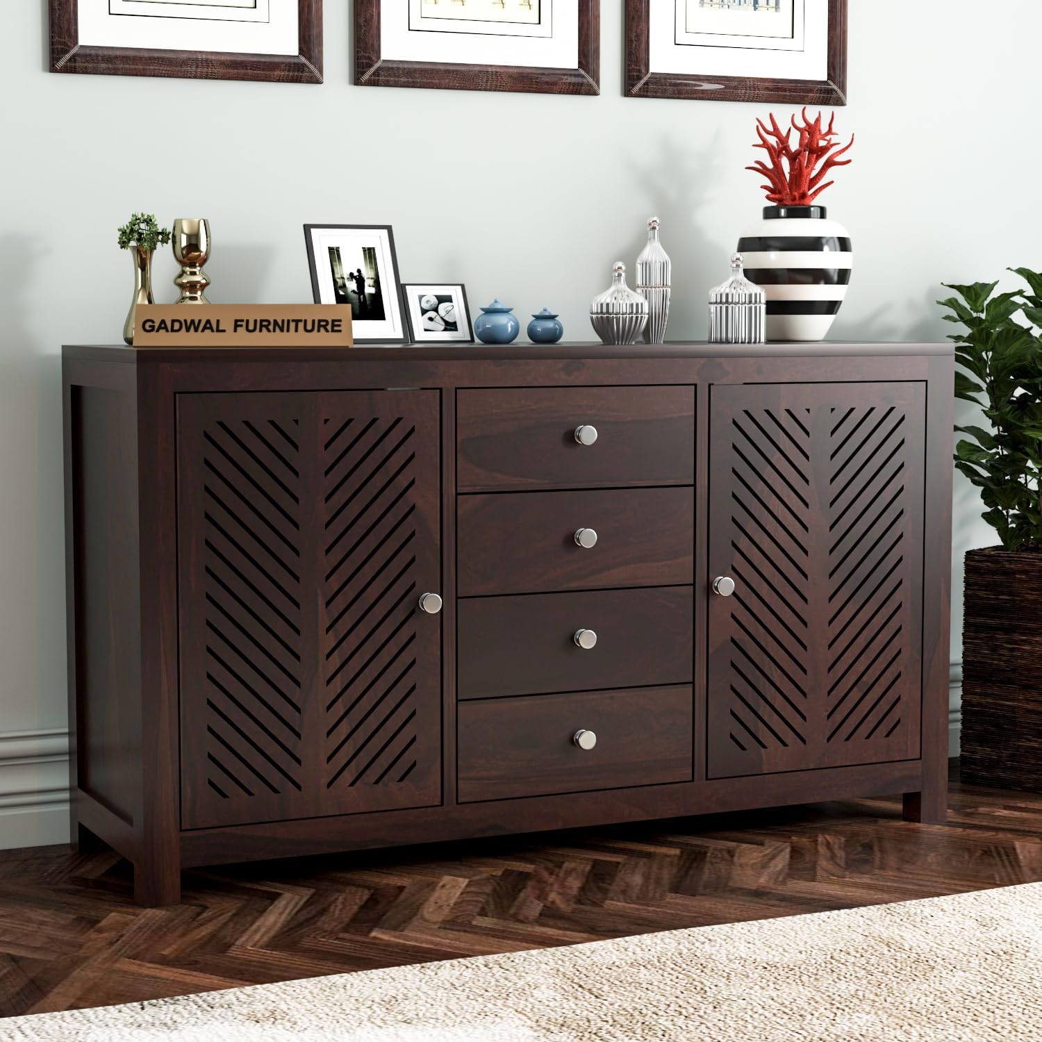 Solid Sheesham Wood Wooden Sideboard Storage Cabinet : Ideal for Living Room and Bedroom with 4 Drawers and 4-Shelf Storage (Barbara, Walnut Finish)-picture-29