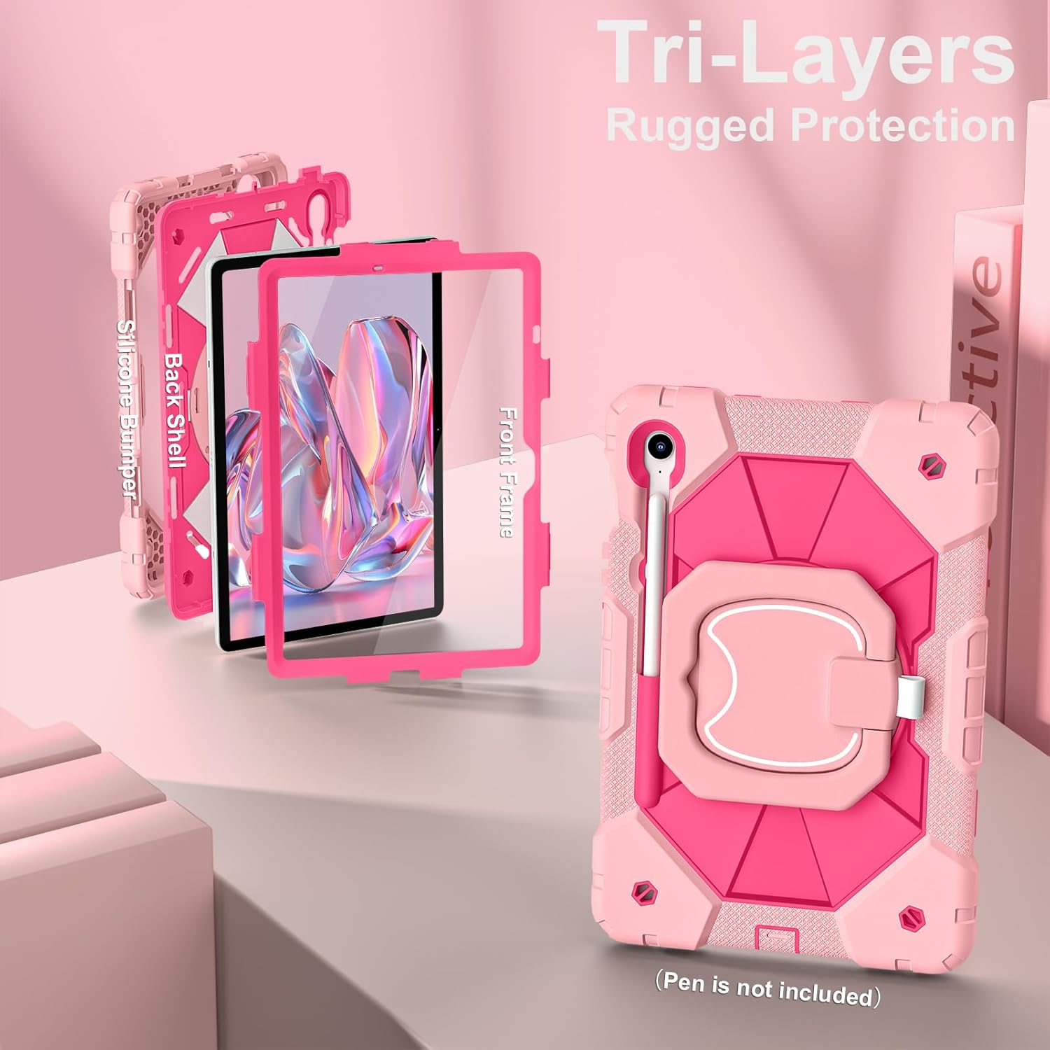 Scnioy Case for Samsung Galaxy Tab S10 Lite/S10 FE/S9 FE 10.9 Inch, Samsung Tab S9 11 Inch, Rugged Galaxy S10 Tablet Cover with Pen Holder 360 Rotating Stand Shoulder Strap Screen Protector, Rosegold