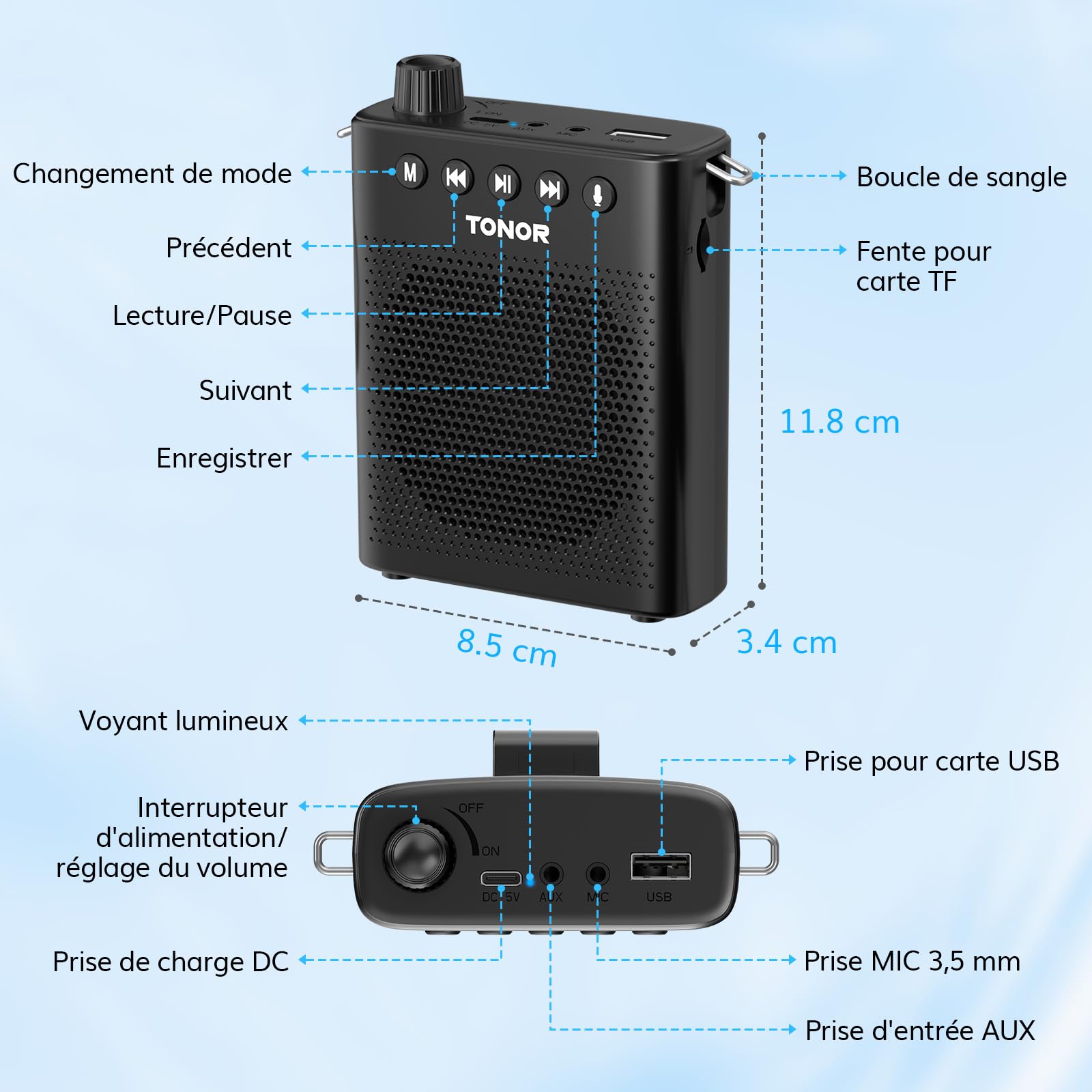TONOR Amplificateur vocal portable pour enseignants, microphone Bluetooth rechargeable avec casque filaire et ceinture pour salle de classe/formation/yoga/discours/réunion/guides touristiques, 100 cm