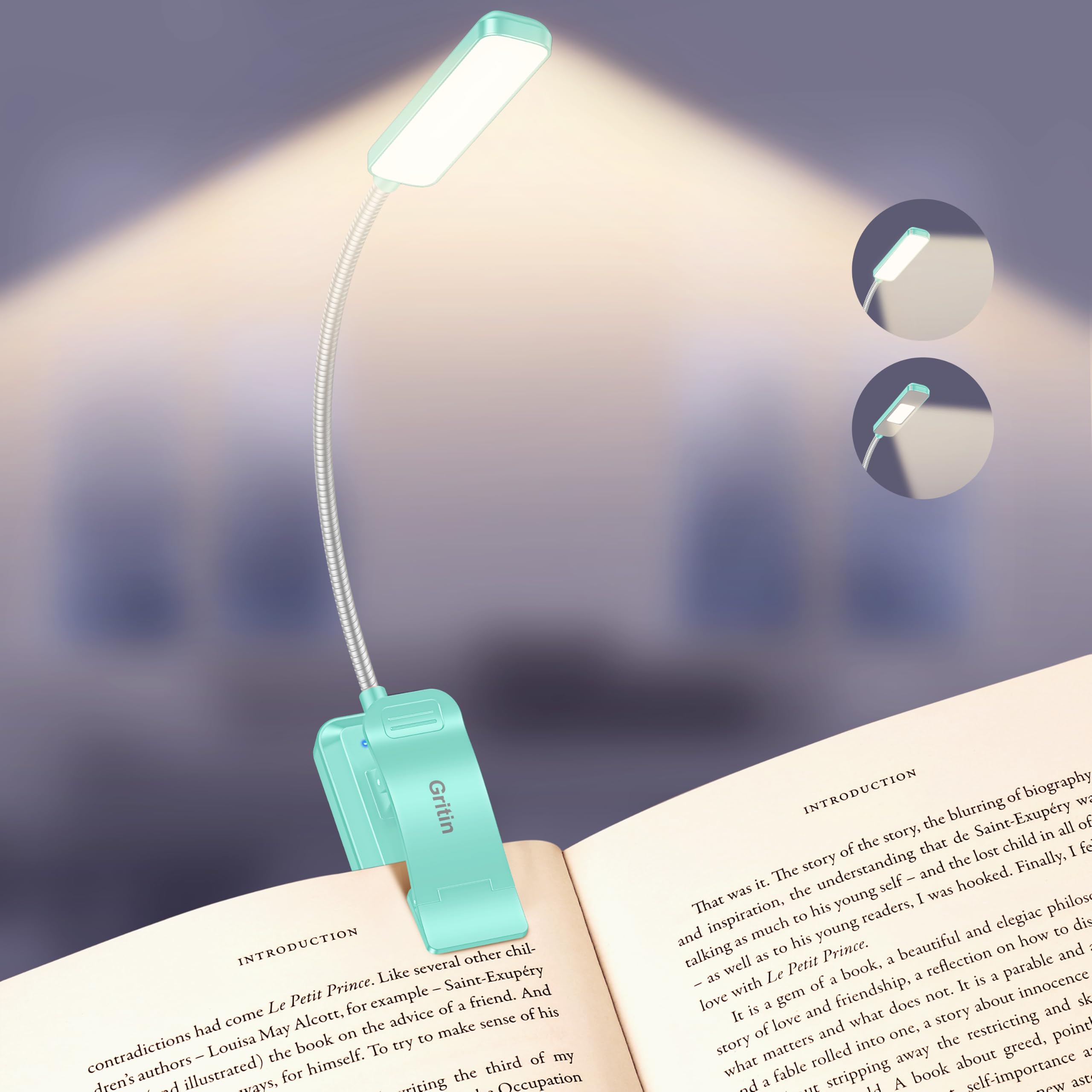 Gritin 2026 Gen 2 Book Light for Reading- 30 Eye Caring Full Spectrum LED, 5 Colors & 5 Brightness, Adjustable Wide/Narrow Beam, Upgrade 1500mAh Long-Lasting Rechargeable Lamp Clip-Blue