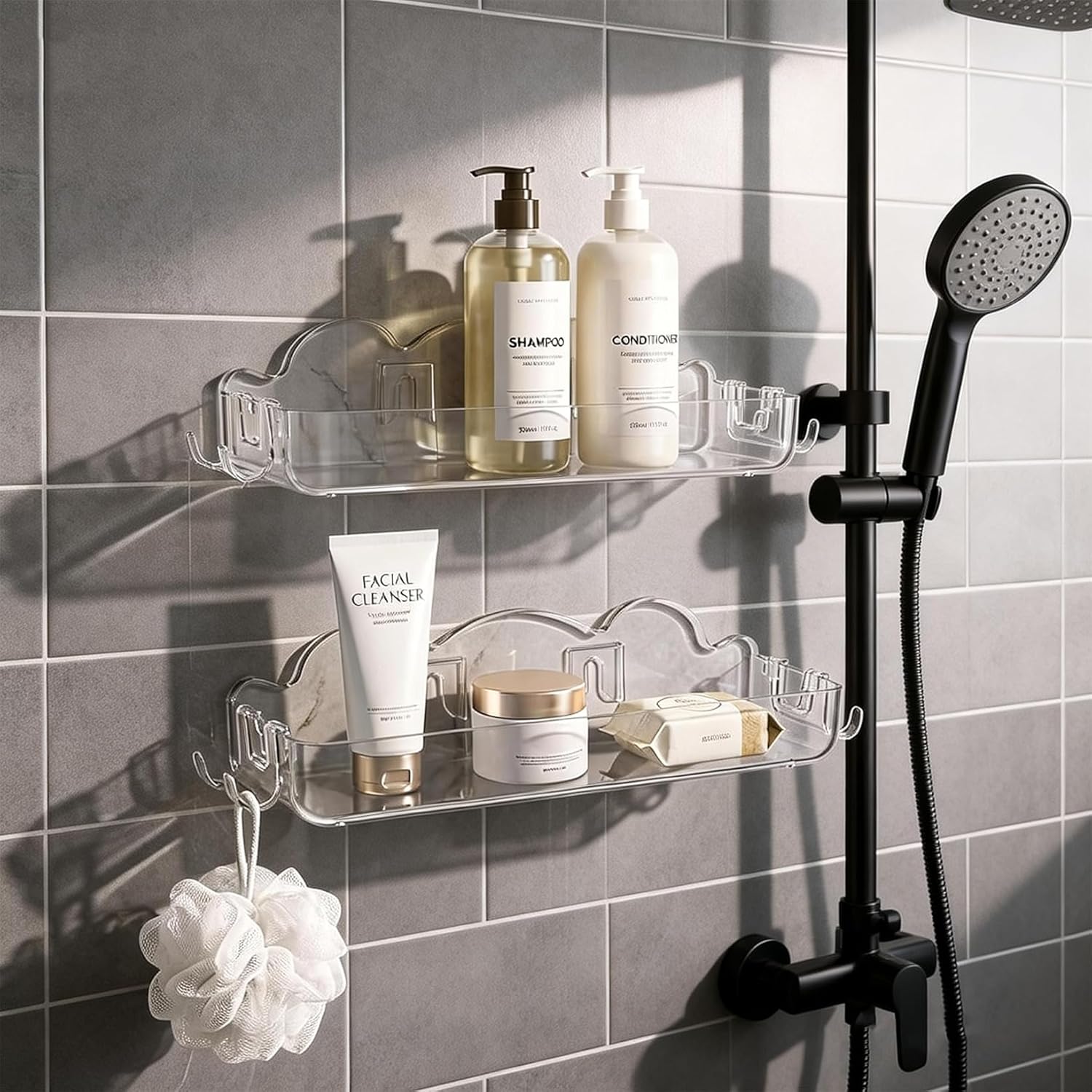 2 Pack Acrylic Shower Caddy No Drilling Adhesive Shower Shelves with 4 Removable Hooks Wall Mounted Bathroom Shower Organizers Shower Caddy for Bathroom Kitchen - Image 9
