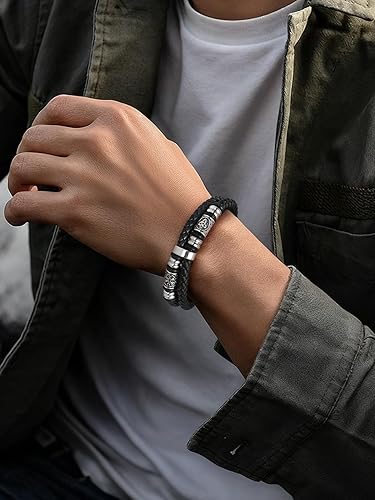 Miniatura 8 de FaithHeart Pulsera vikinga para hombre, pulsera de cuero trenzado de doble fila con cierre de acero inoxidable, brújula vikinga, pulsera vintage de