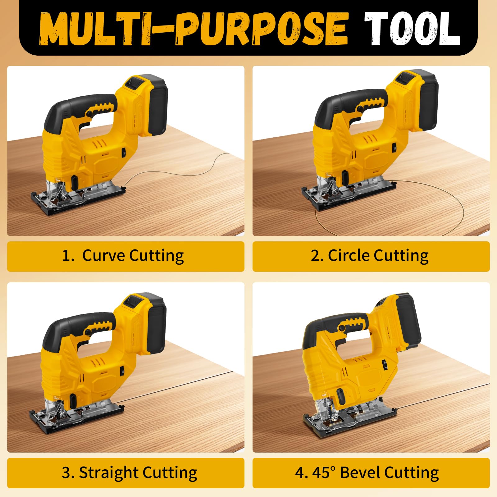 Sierra caladora compatible con batería Dewalt de 20 V (sin batería), sin escobillas, sin escobillas, con bolsa de herramientas, velocidad variable, corte biselado de 45°, 4 acciones orbitales