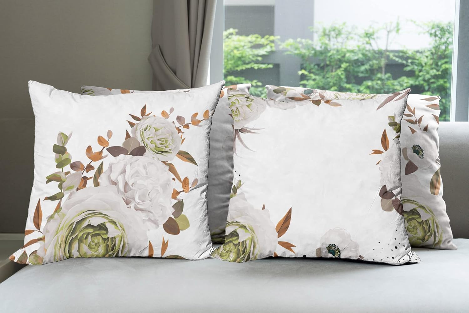 Ambesonne Floral Throw Pillow Cushion Case Pack of 4, Pastel Colored Romantic Style Blossoming Roses and Carnation Minimal Love, Modern Accent Double-Sided Digital Printing, 16", Cinnamon Apple Green