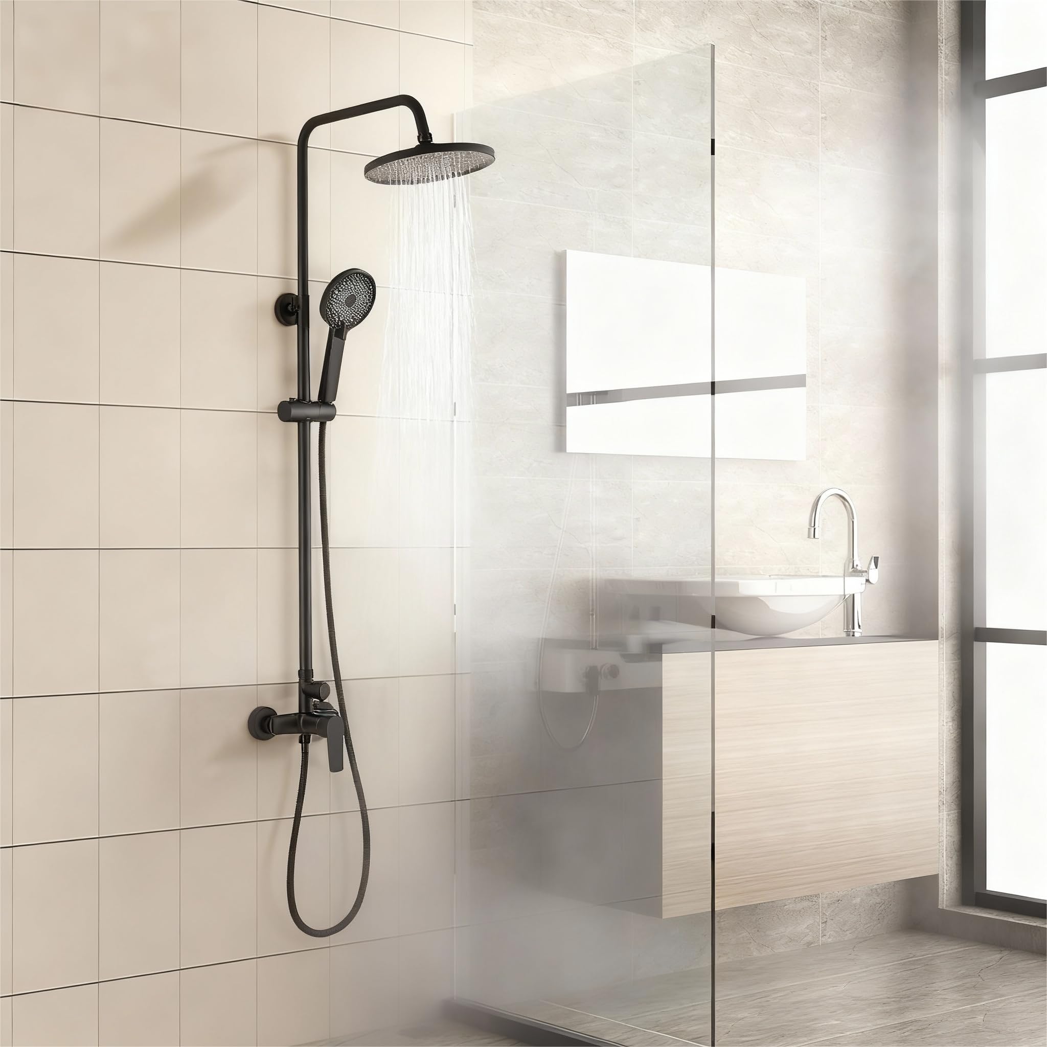 Columna de Ducha Mecánica STANEW, Conjunto de Ducha, Cuarto de Baño, Redondo Puño ABS con 3 Chorros, Mezclador Ajustable en Altura Sistema de Ducha