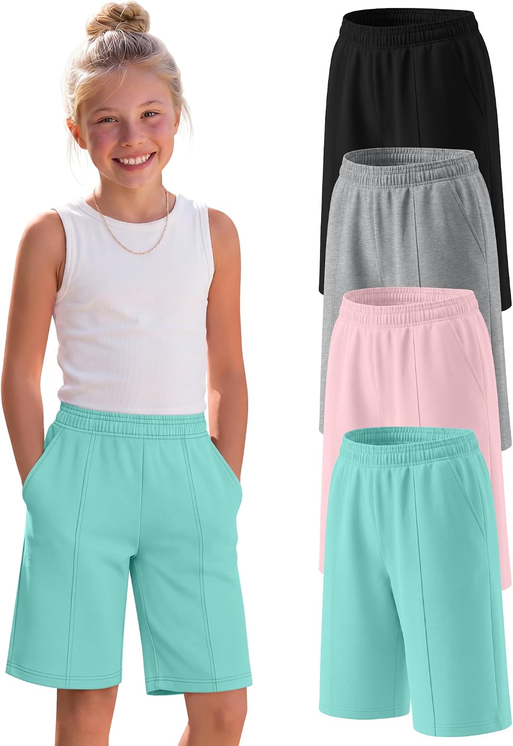 4 Pack Girls Bermuda Shorts Kids Summer Knee Length Shorts Casual Straight Leg Athletic Short Pants with Pockets