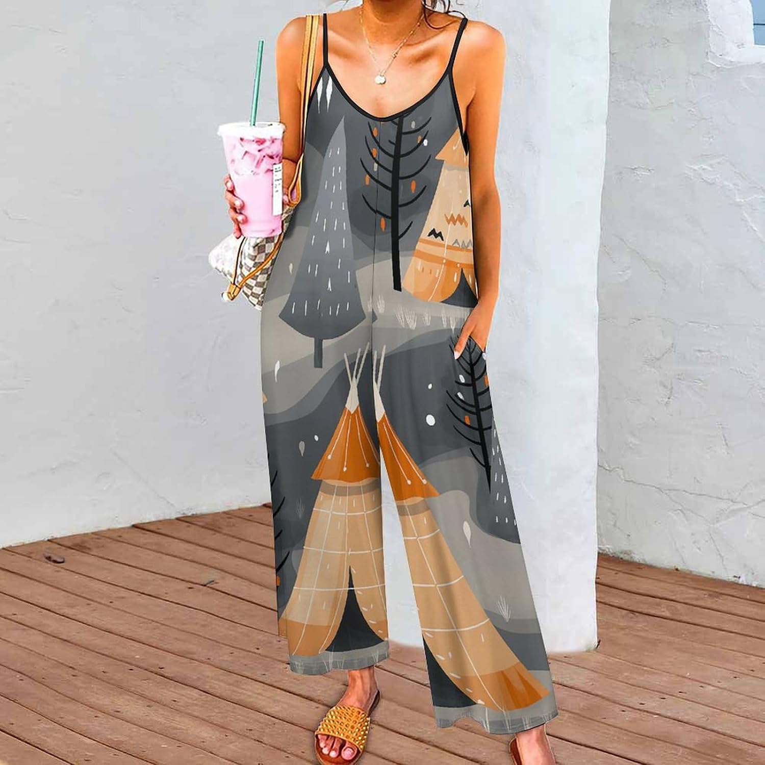 Jumpsuits for Women Tent And Pine Tree Romper Casual Loose Overalls Adjustable Strap Sleeveless Jumpsuits XL Size