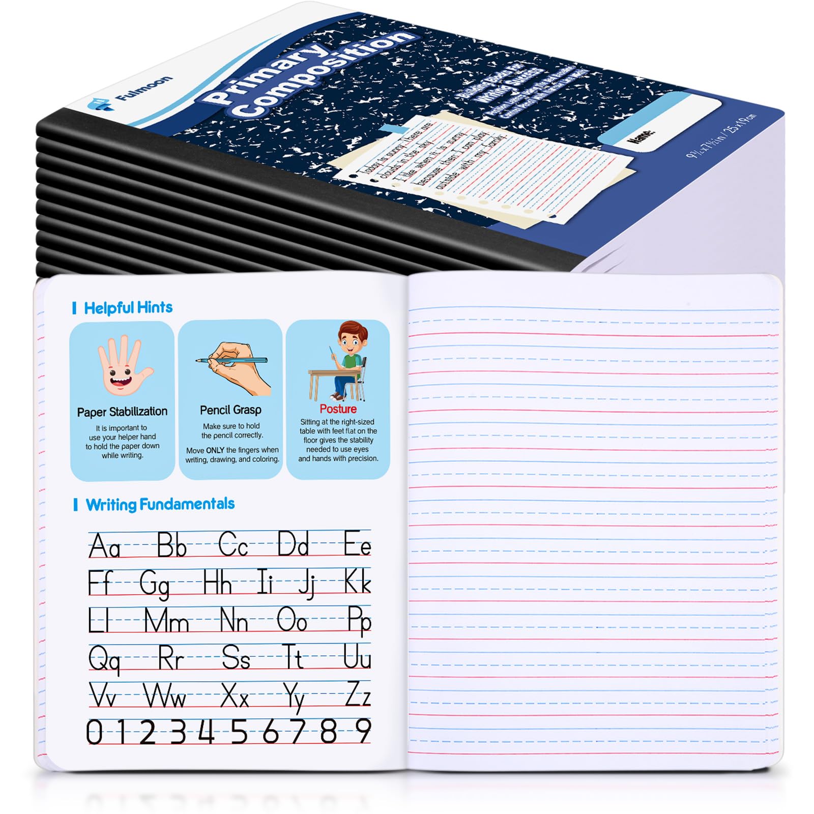 Fulmoon 24 quaderni per composizione primaria, 24 x 19,5 cm, 80 pagine, K-2, a righe, per scrittura primaria, libro di composizione per bambini, asilo, scuola materna, 1° 2° grado (colore blu)