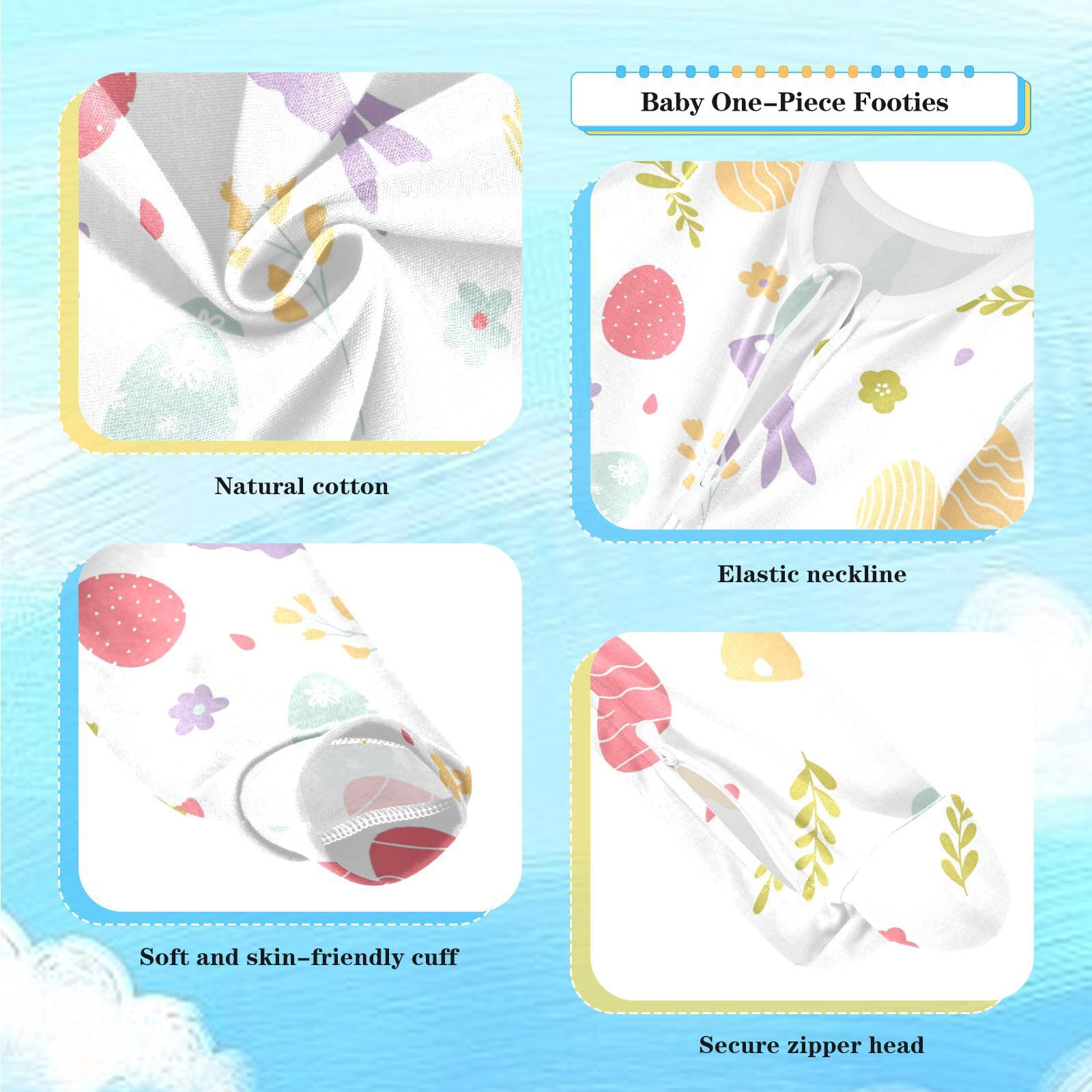 Dussdil Easter Bunnies Heart Egg Baby One-Piece Footies Sprig Flower Newborn Rompers Pajamas Cotton Footed Pjs for Sleep Play Boys Girls 6 Month