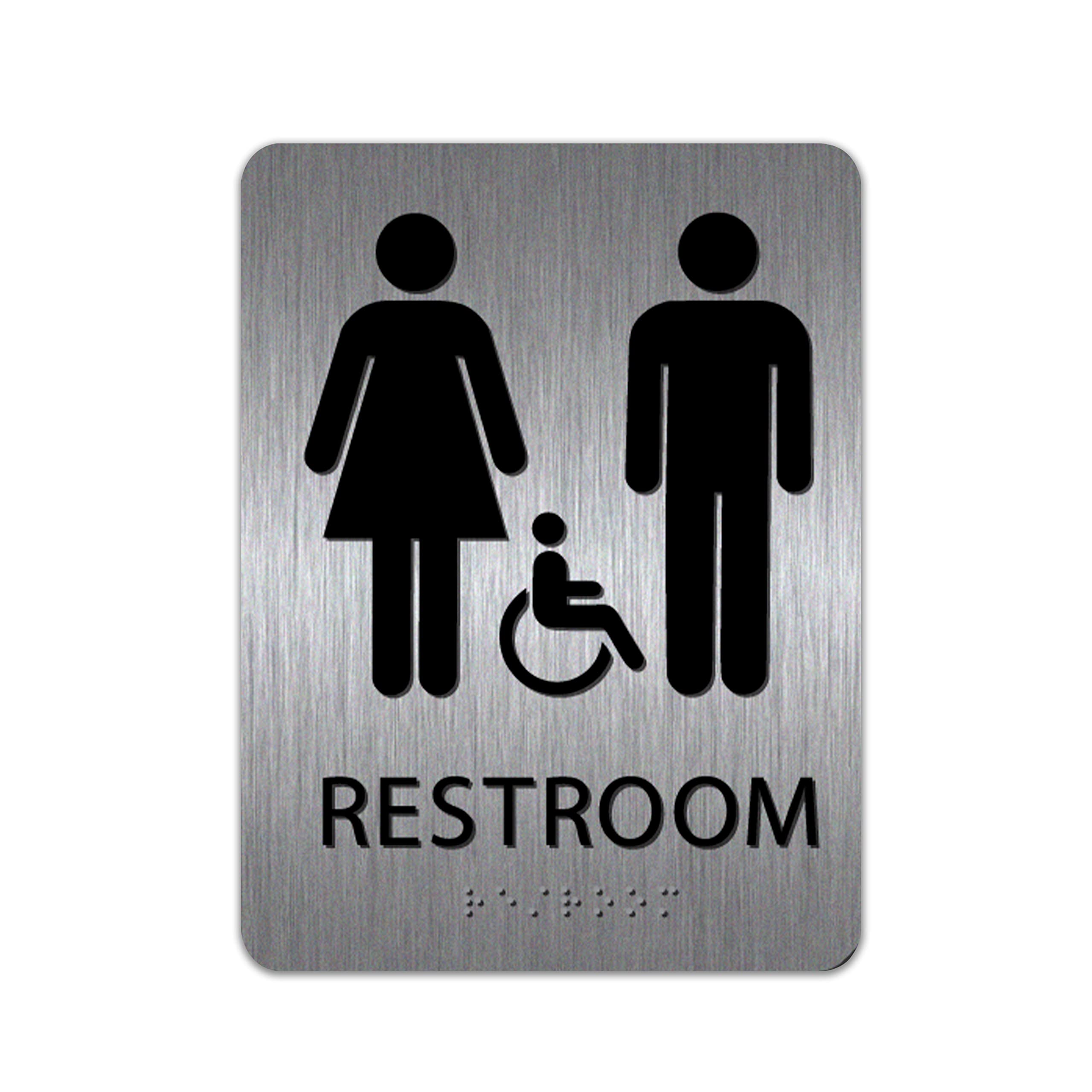 ALPHA DOG ADA SIGNS Handicap Unisex Restroom Sign Brushed Stainless 8x6 Inch - ADA Title 24 Compliant All Gender Bathroom Wall Sign with Braille