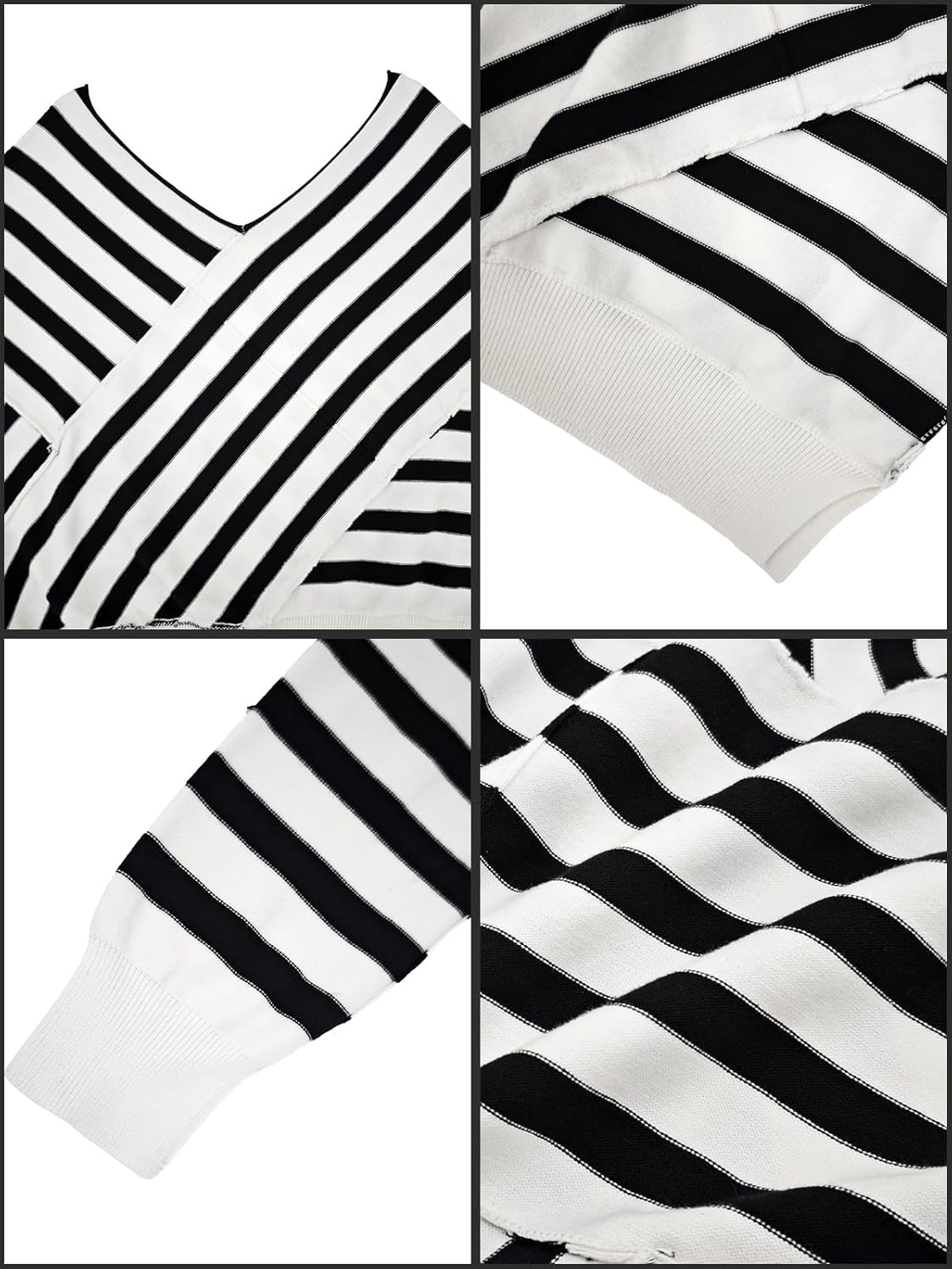 Womens Oversized Off Shoulder Sweaters Striped Loose V Neck Cropped Long Sleeve Color Block Knitted Pullover - Image 4