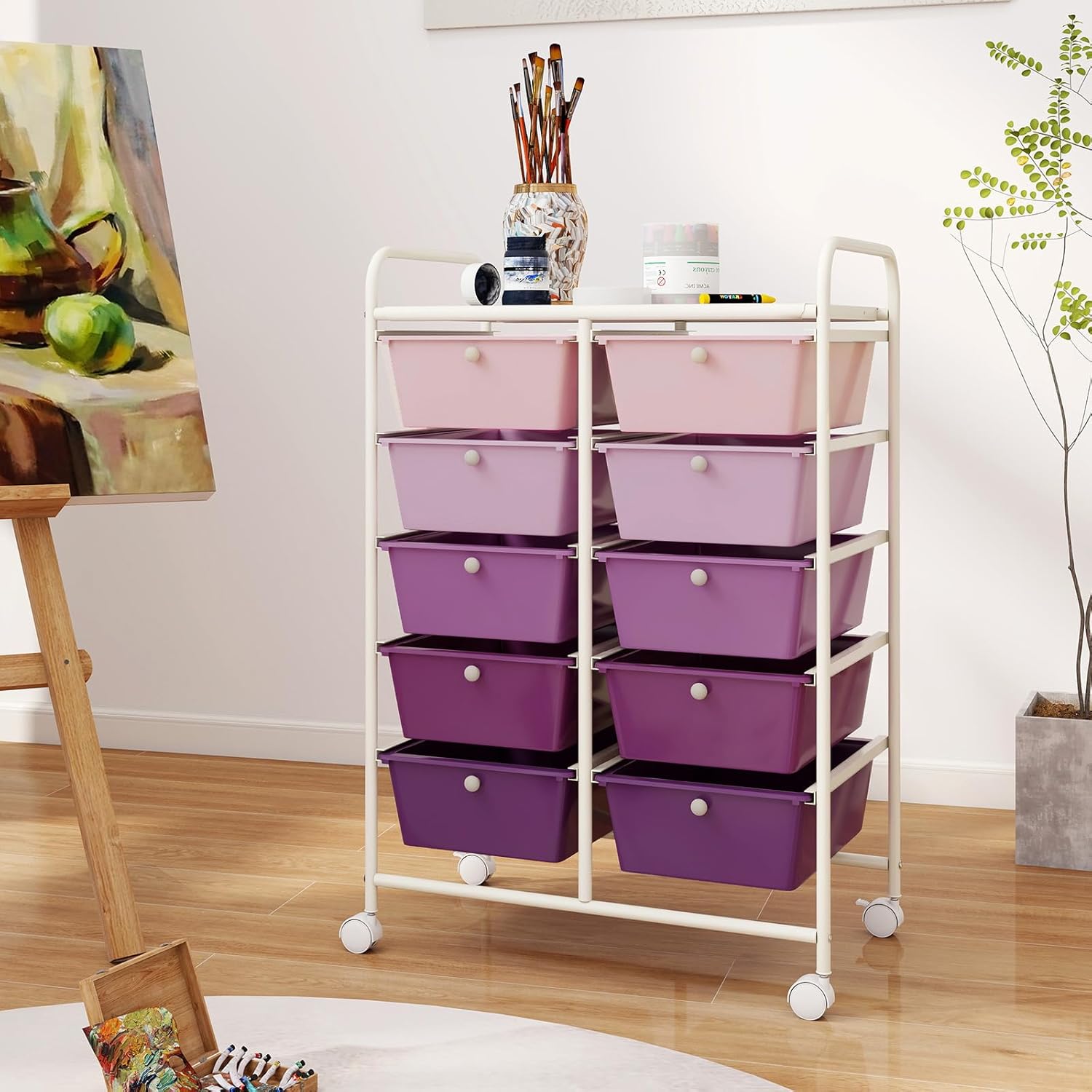 RELAX4LIFE 10-Drawer Rolling Storage Cart - Mobile Craft Art Supply Storage Organizer for Tool Scrapbook Paper Salon, Office School Classroom Teacher Rolling Cart with Drawers, Utility Cart on Wheels