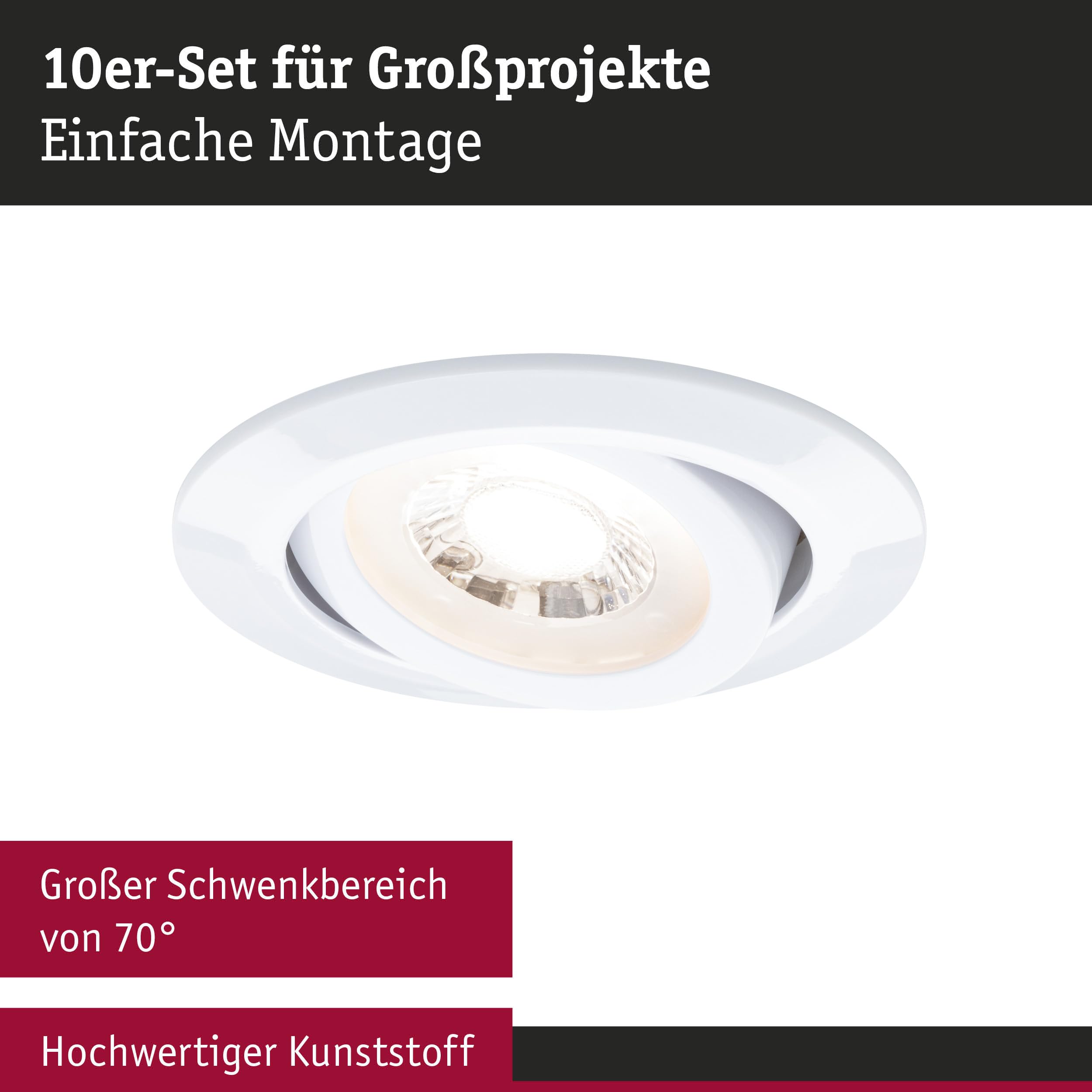 Paulmann 99995 Reflektory wpuszczane LED 3-stopniowe opakowanie 10 szt. obrotowe 82 mm 70° 10x4,8W 10x450lm 230 V 3000 K matowe białe, 48 W, zestaw 10 szt