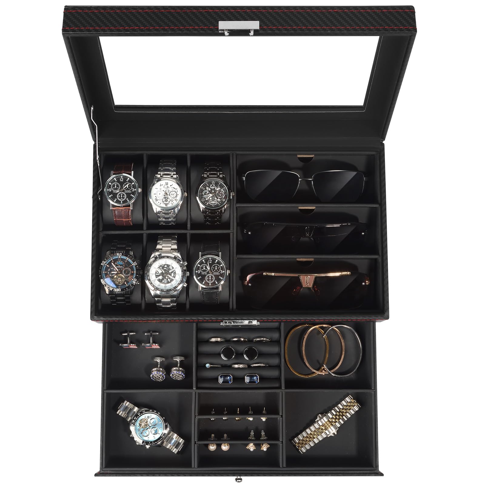 Boite a Bijoux Homme, Rangement Montres et Lunettes avec Grand Couvercle en Verre, 6 Emplacements et 2 Niveaux, Coffret Montre, Boîte à Montres avec Serrure, boite a montre homme, Idée Cadeau -Noir