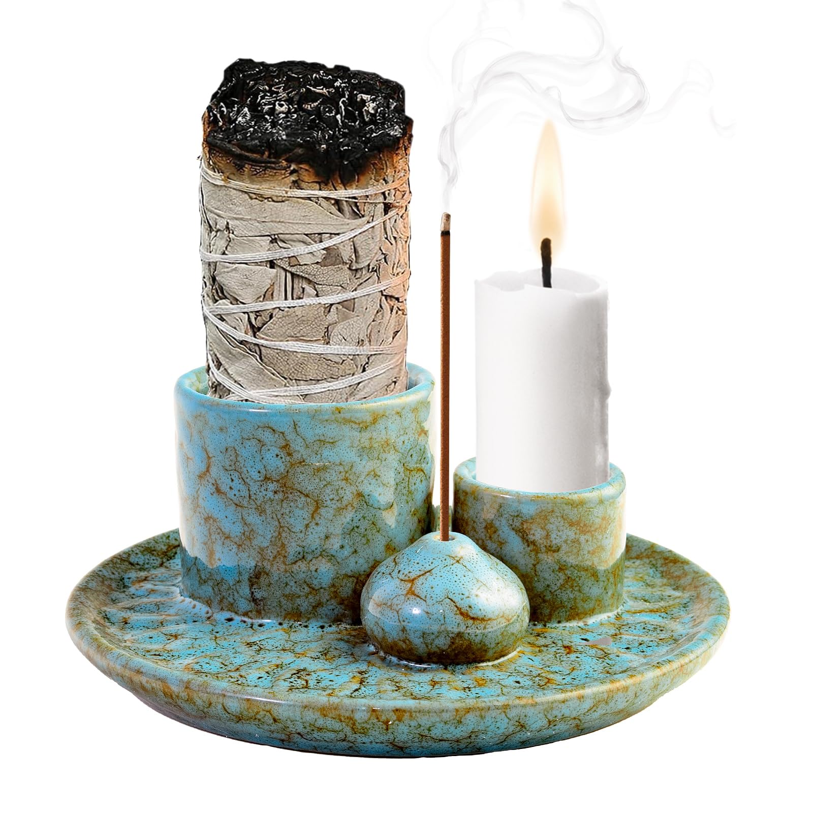 FICOFISE 4-in-1 Ceramic Incense Burner Holder for Incense Sticks, Cones, Palo Santo Sticks, Sage & Candles | Ideal for Home Decor, Meditation & Yoga (Blue)