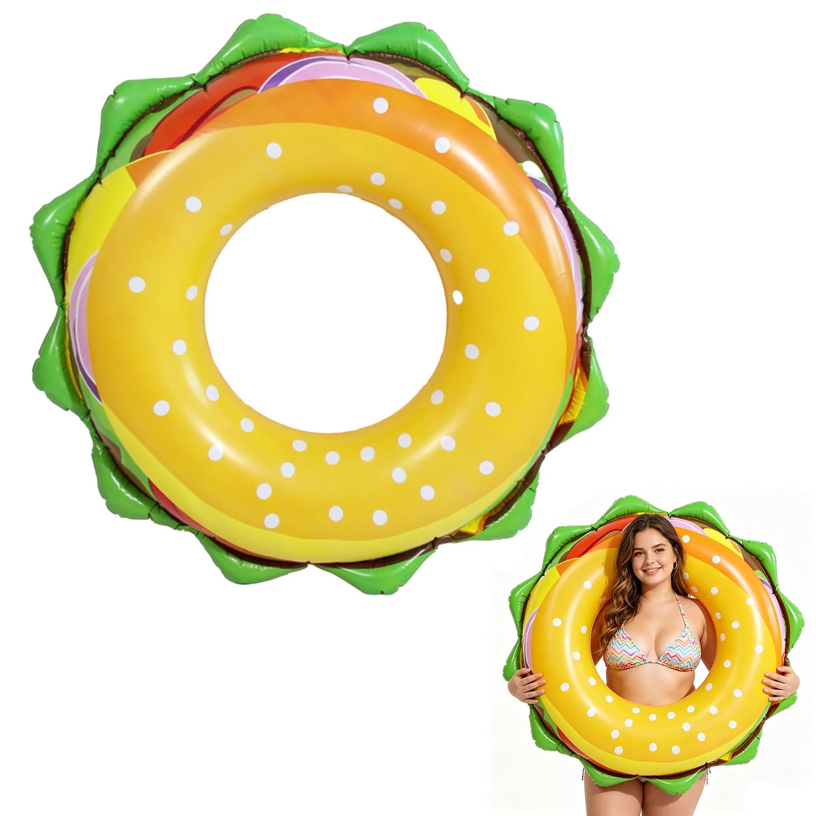 Swimming Ring Inflatable Rubber Rings for Adults,110cm Giant Yellow Hamburger Inflatable Pool Ring Floaties Swim Rings Water Float Pool Float for Men Women Teenager Beach Summer Water Party Sports