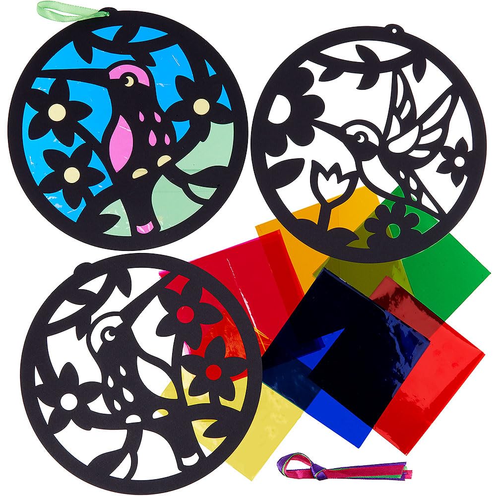 Baker Ross WA136 Hummingbird Stained Glass Decoration Kits - Pack of 6, Colourful Cellophane Craft Kits for Kids