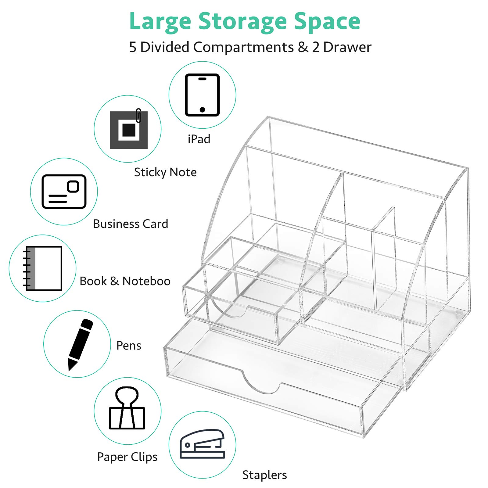 Acrylic Desk Organizer,Cute Office Supplies Accessories Essentials Caddy with 5 Divided Compartments & Two Drawer for Home & Office Desktop Organization & Decor, Clear. 3