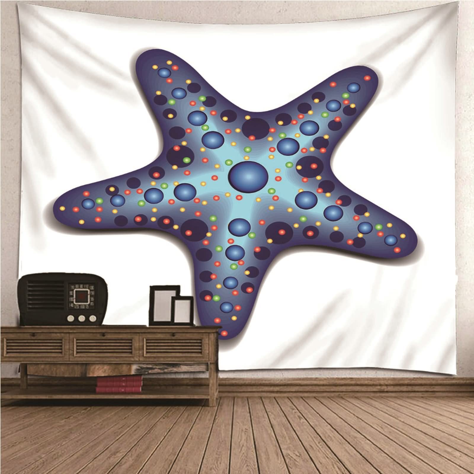 Tapices Macramé Grande, Decoración Navideña Exterior Estrella de Mar Poliéster Blanco Azul 150x130CM