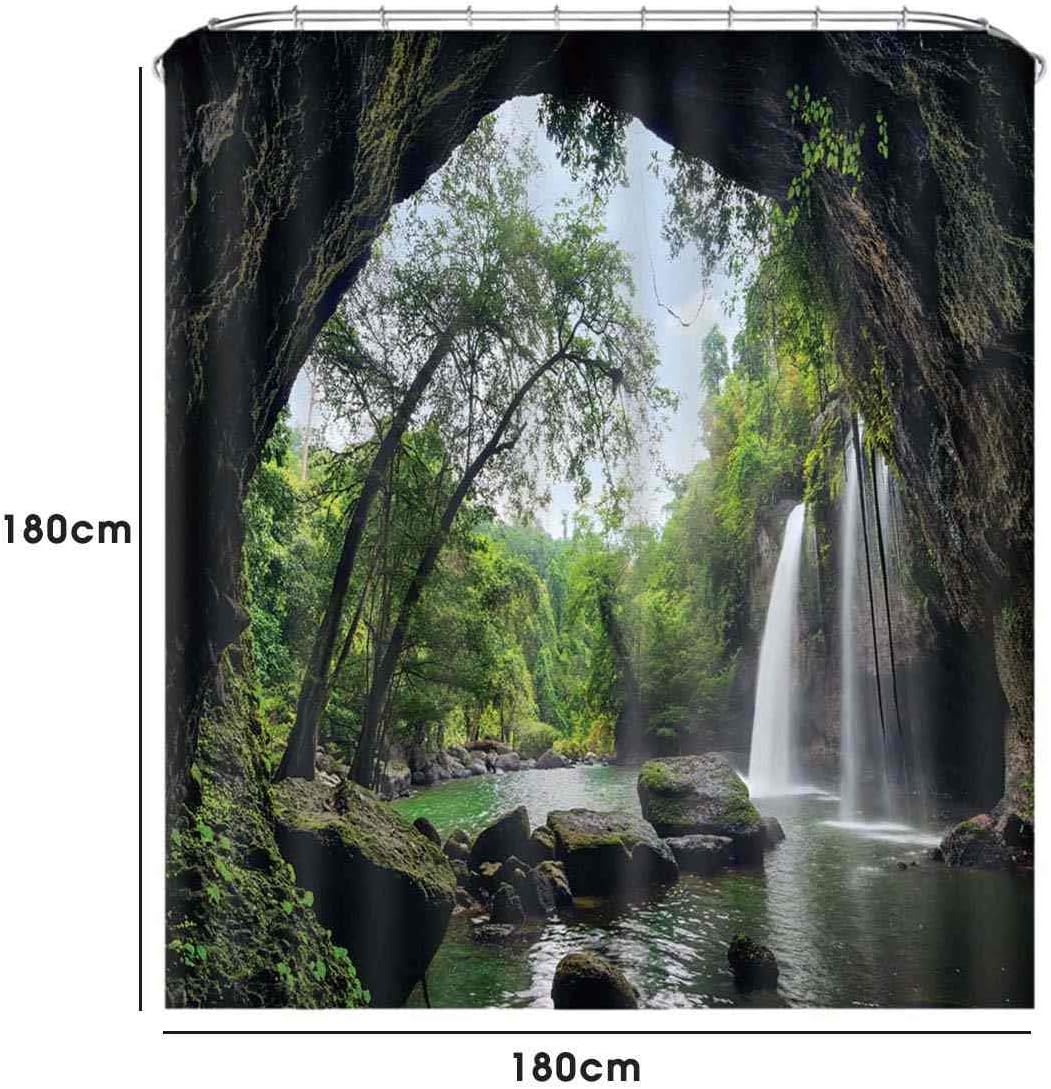 Fashion_Man 4PCS/Set 3D Waterfall Forest Shower Curtain Waterproof Cloth Polyester Bath Curtain Bathtub Curtains Bathroom Rugs Bath Mat Toilet Lid Cover Scenery Bathroom Decor, 72"x72", 3D Waterfall