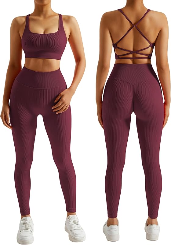 RXRXCOCO Conjuntos de entrenamiento acanalados para mujer, 2 piezas, sin espalda, corpiño deportivo con tiras, leggings sin costuras, conjunto a juego, trajes de yoga