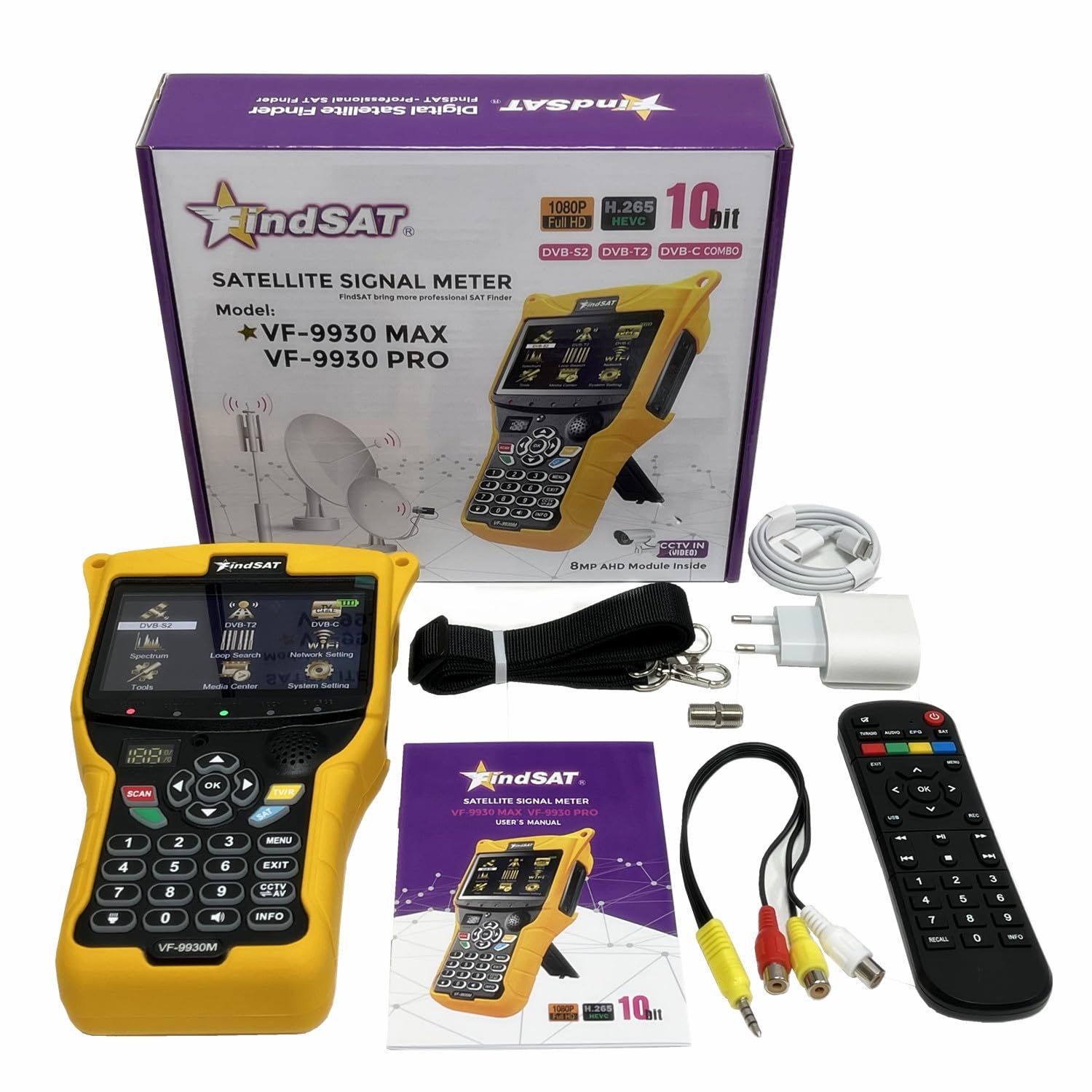 VF-9930 Max Full HD 1080P Misuratore di segnale satellitare digitale Supporto DVB-S/S2 DVB-T/T2/C Combo Ricevitore TV Analizzatore di spettro MPEG2 e MPEG4 e H.264 e HEVC H.265 (10 Bit)